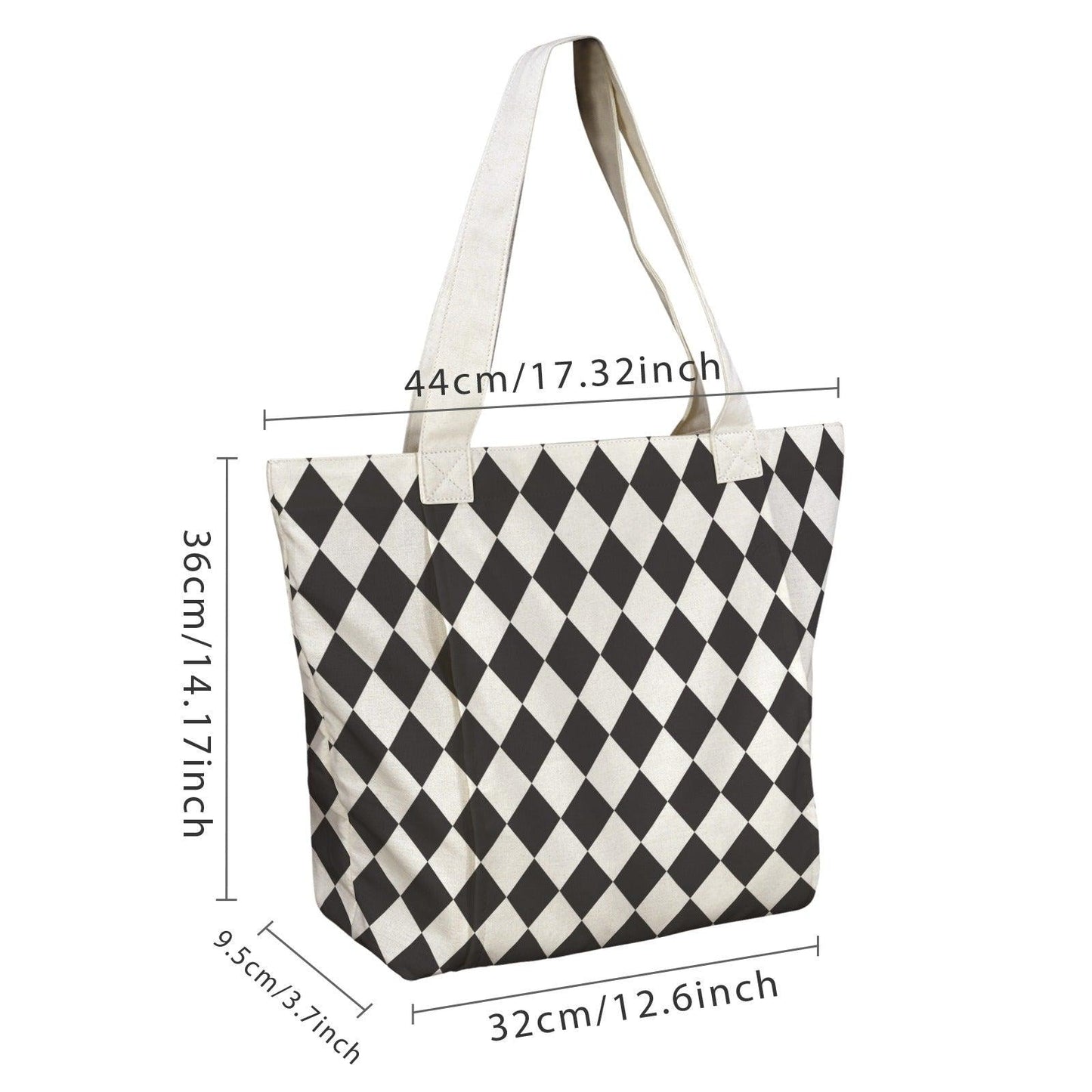 Black White Diamond Print Canvas Tote Bag, Harlequin Shoulder Bag, Work Errands Style