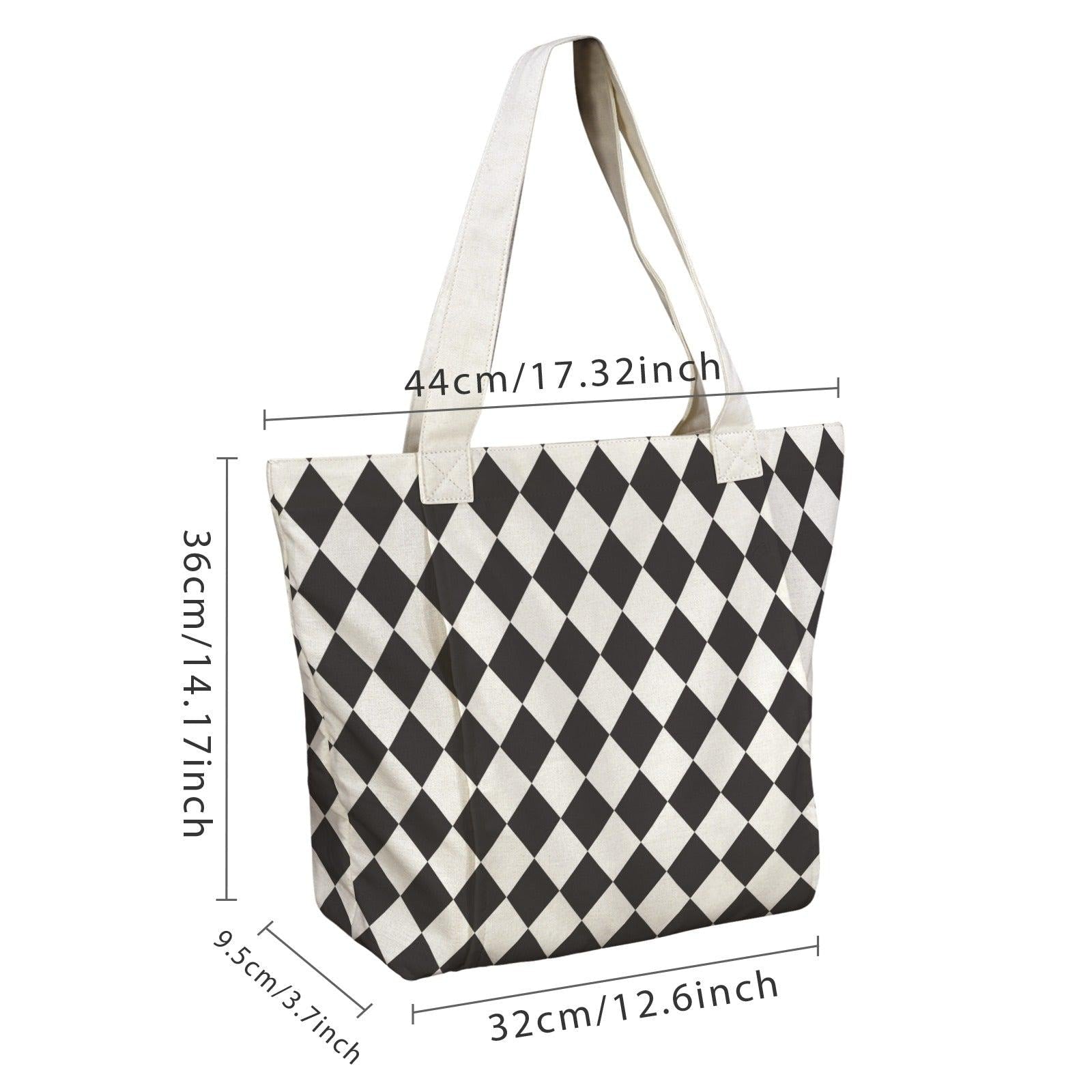 Black White Diamond Print Canvas Tote Bag, Harlequin Shoulder Bag, Work Errands Style