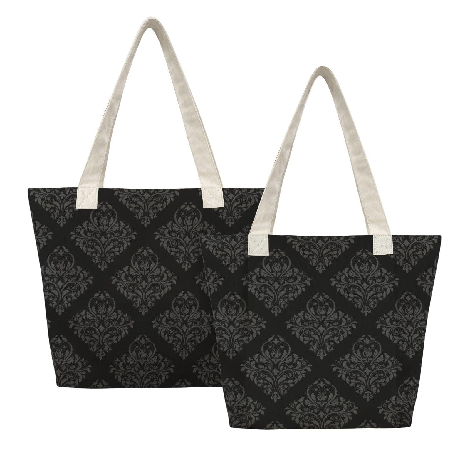 Gothic Damask Yoga Tote Bag, Black Canvas Mat Carrier, Dark Academia Shoulder Bag