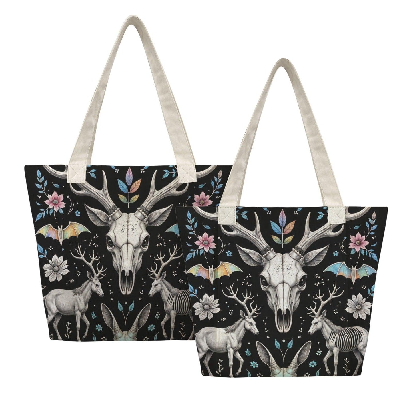 Dark Folk Art Deer Skull Tote Bag, Antlers Flowers Canvas Shoulder Bag