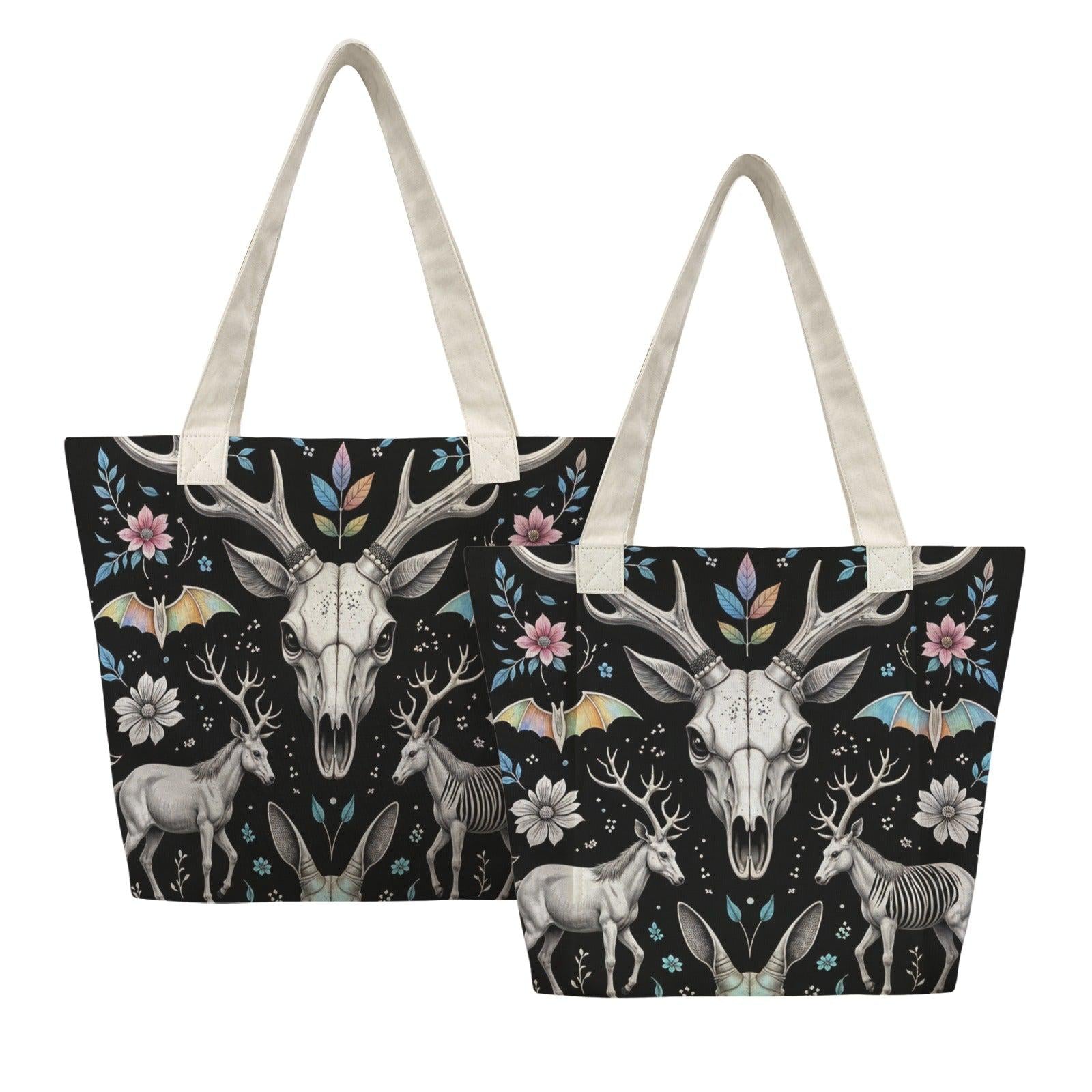 Dark Folk Art Deer Skull Tote Bag, Antlers Flowers Canvas Shoulder Bag