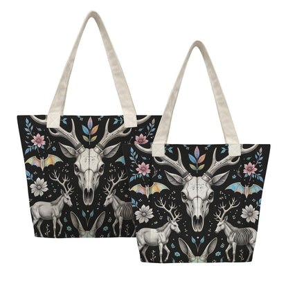 Dark Folk Art Deer Skull Tote Bag, Antlers Flowers Canvas Shoulder Bag