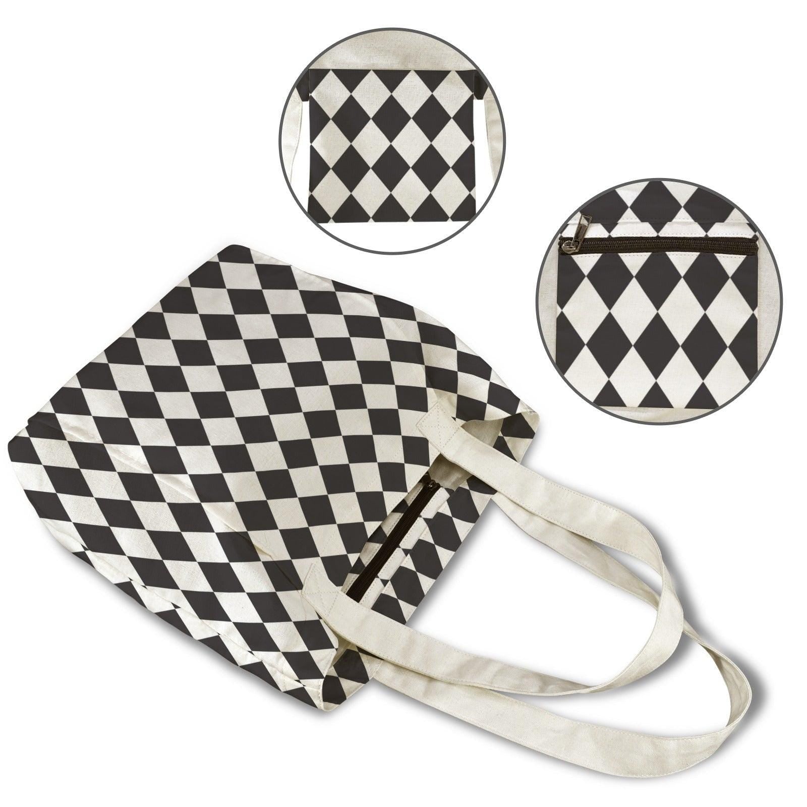 Black White Diamond Print Canvas Tote Bag, Harlequin Shoulder Bag, Work Errands Style