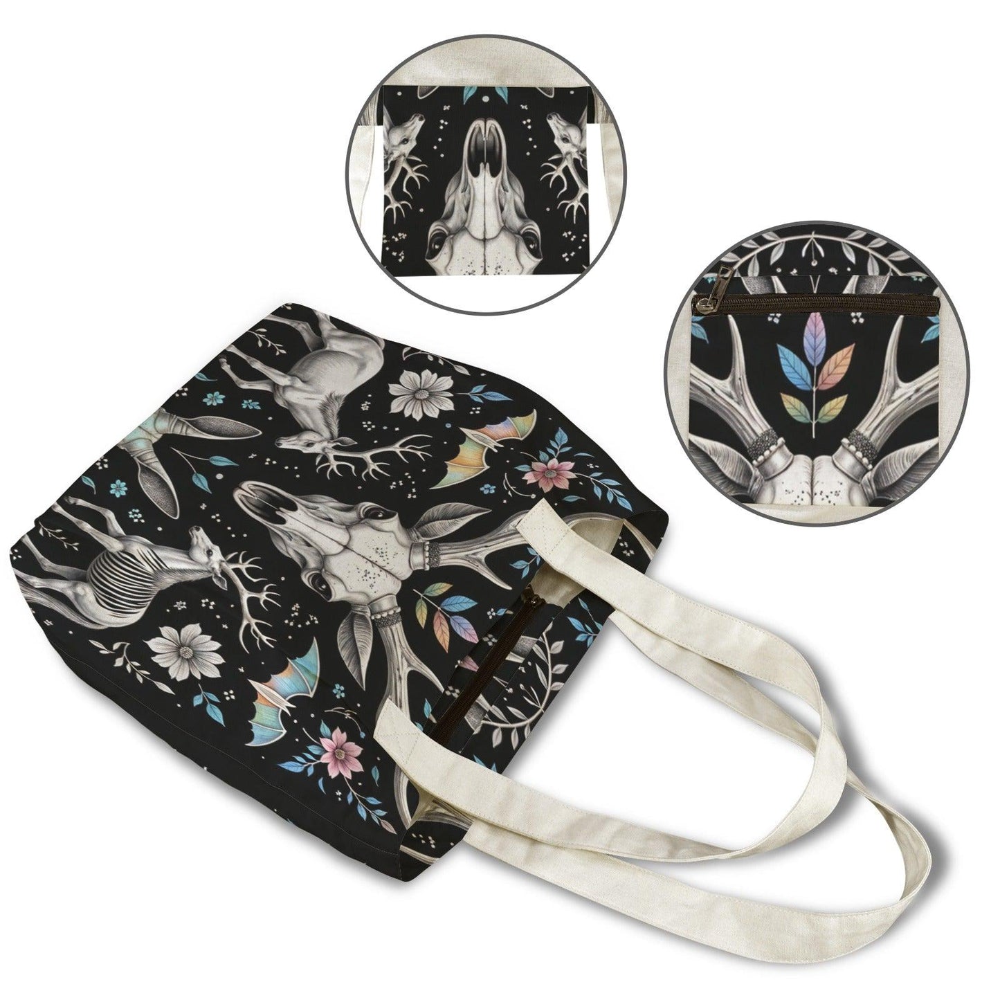 Dark Folk Art Deer Skull Tote Bag, Antlers Flowers Canvas Shoulder Bag