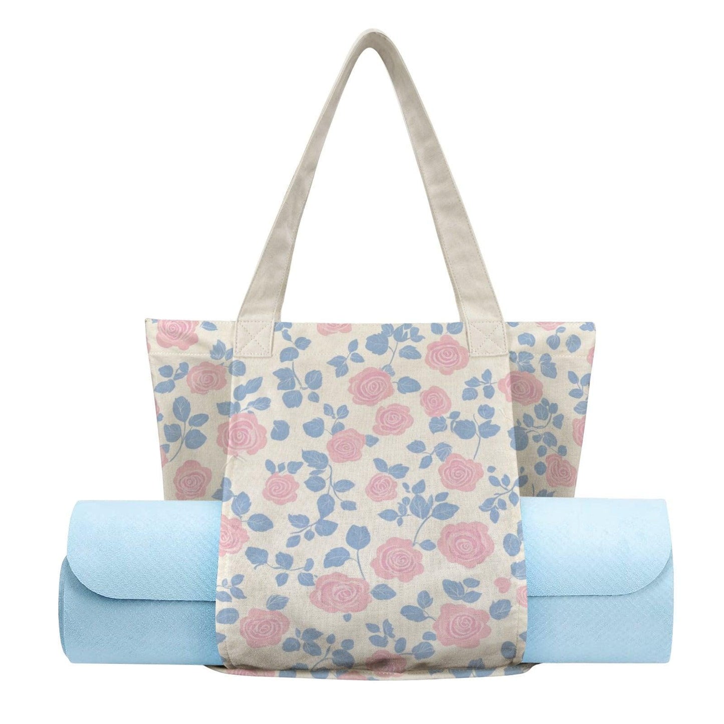 Floral Yoga Tote Bag, Pink Rose Blue Leaf Print Canvas Mat Carrier