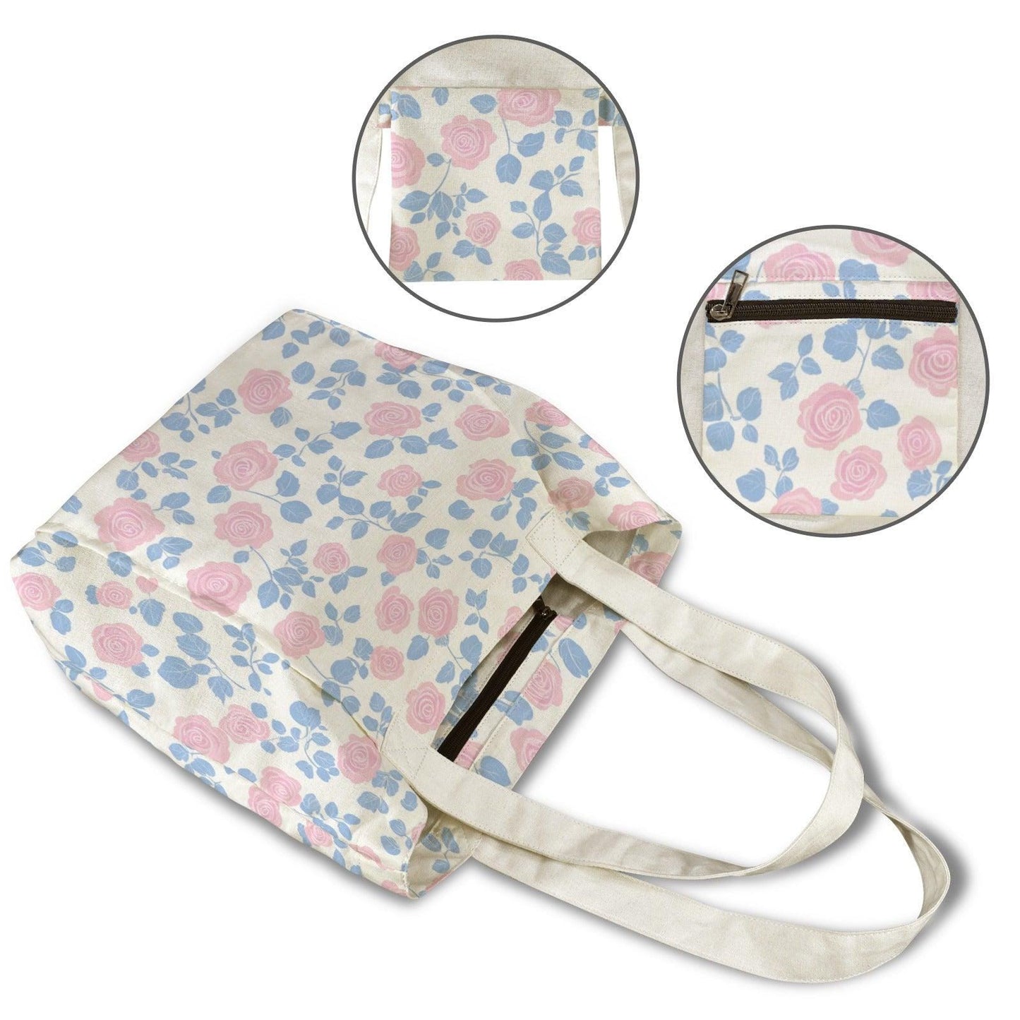 Floral Yoga Tote Bag, Pink Rose Blue Leaf Print Canvas Mat Carrier