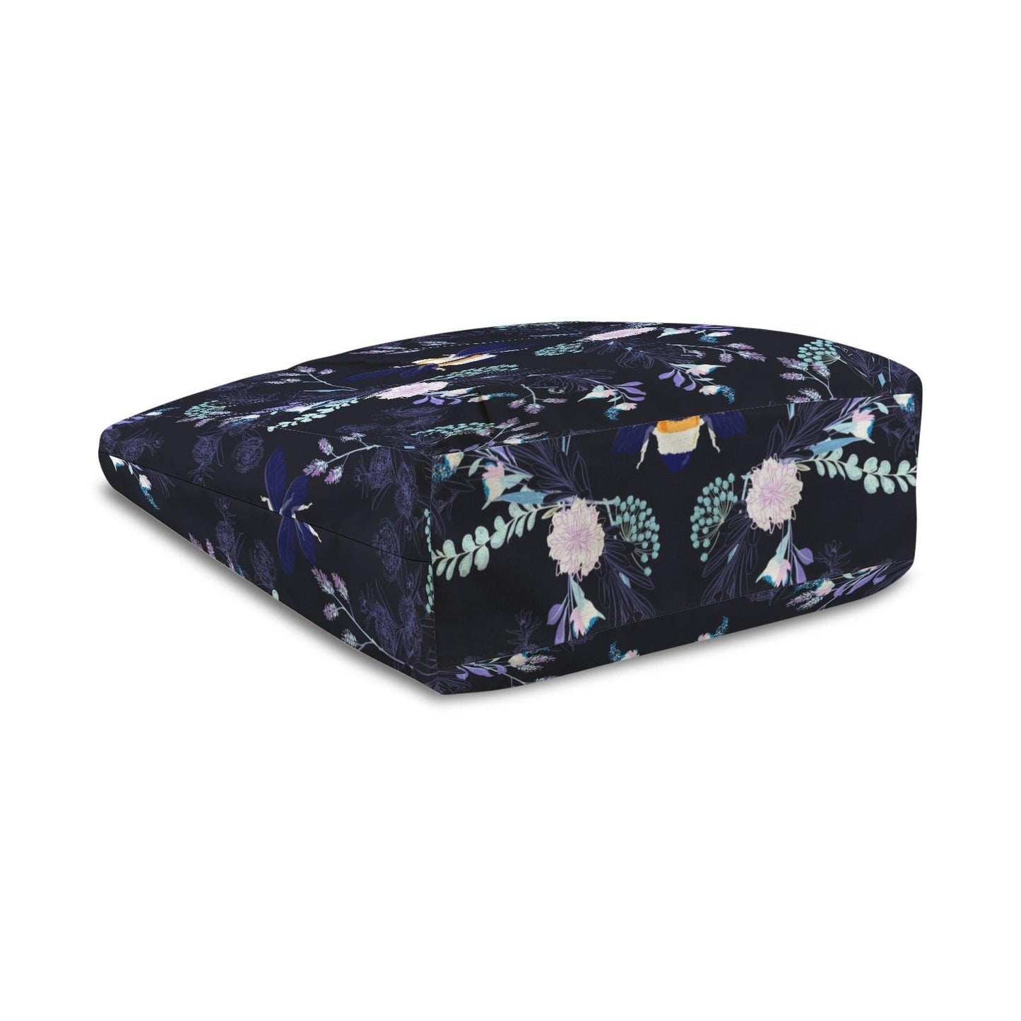 Dark Floral Bee Yoga Tote Bag with Mat Holder, Navy Canvas Shoulder Bag