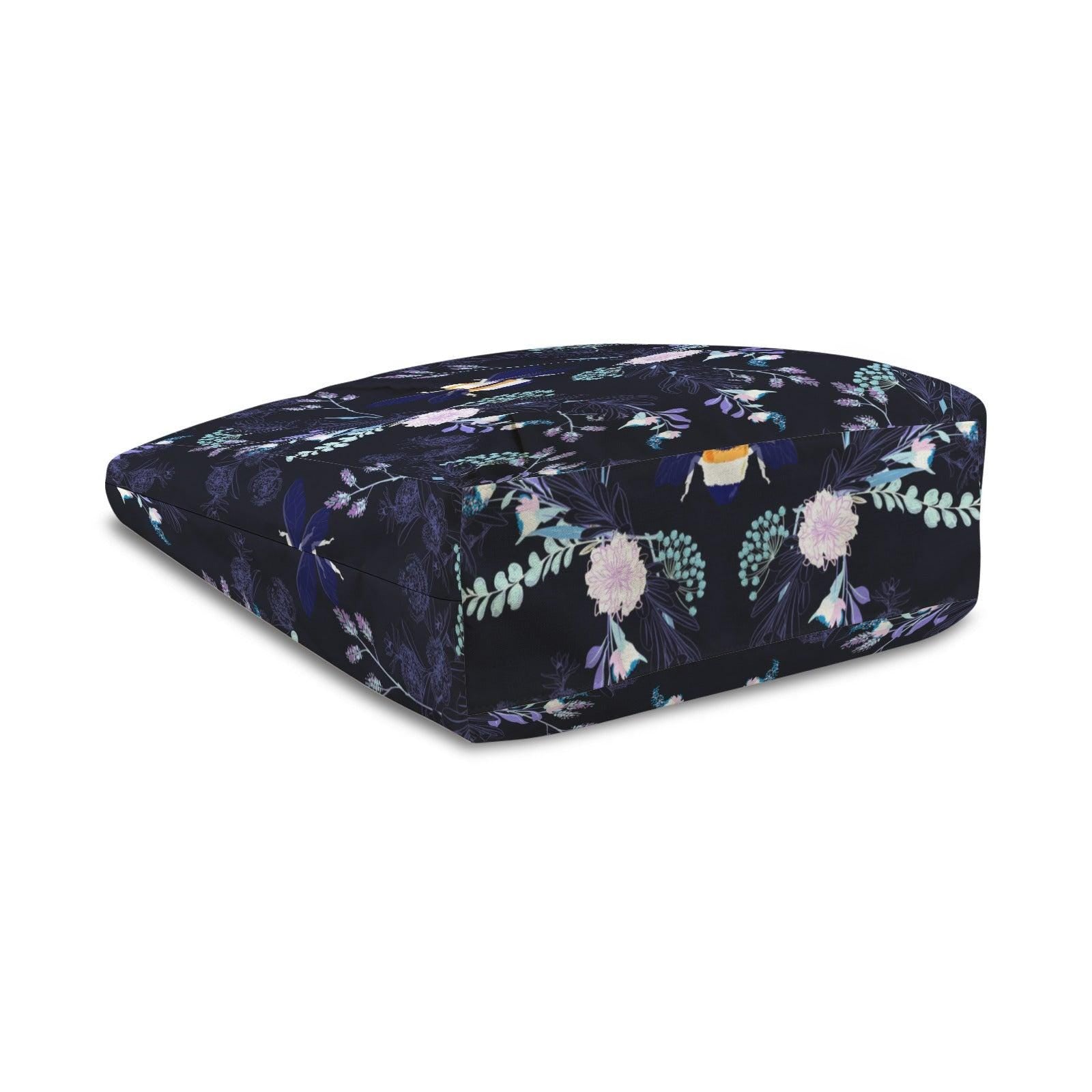 Dark Floral Bee Yoga Tote Bag with Mat Holder, Navy Canvas Shoulder Bag