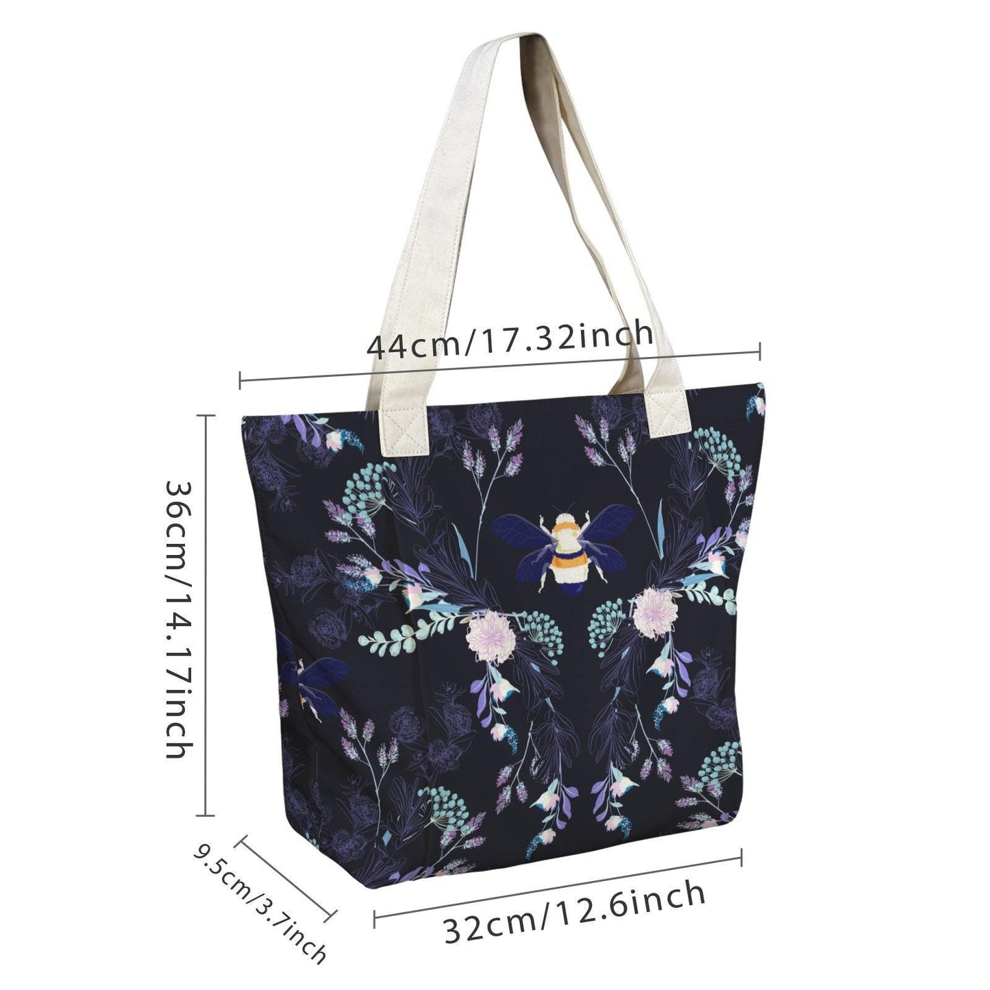 Dark Floral Bee Yoga Tote Bag with Mat Holder, Navy Canvas Shoulder Bag
