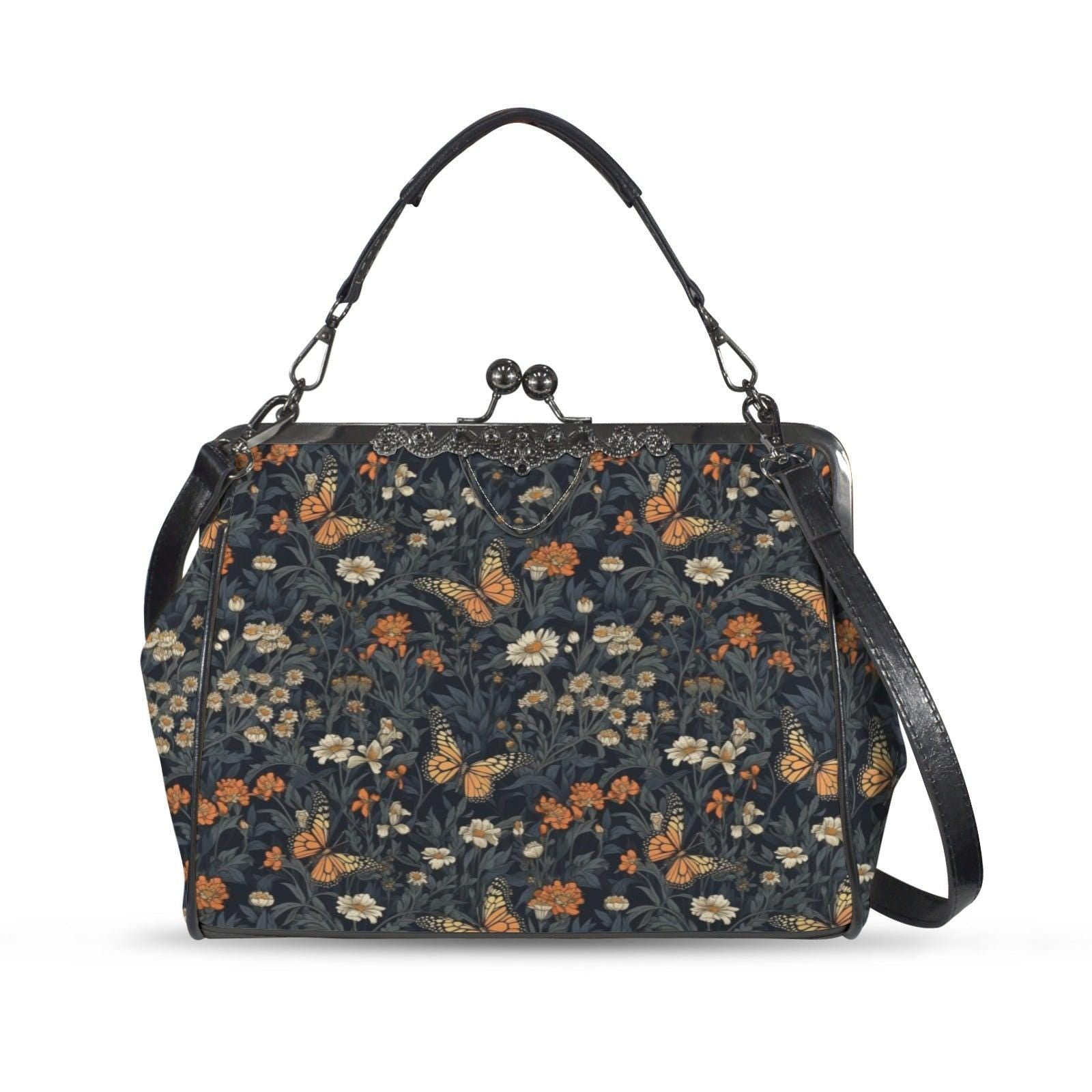 Dark Floral Butterfly Kiss Lock Handbag, Cottagecore Whimsigoth Crossbody Bag