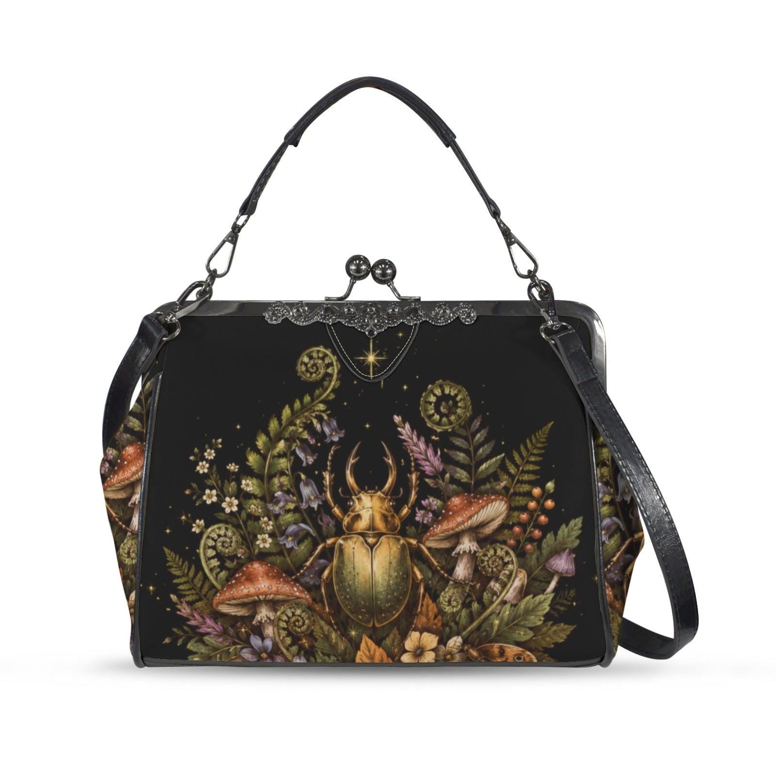 Goblincore Beetle Mushroom Kiss Lock Handbag, Dark Cottagecore Shoulder Bag