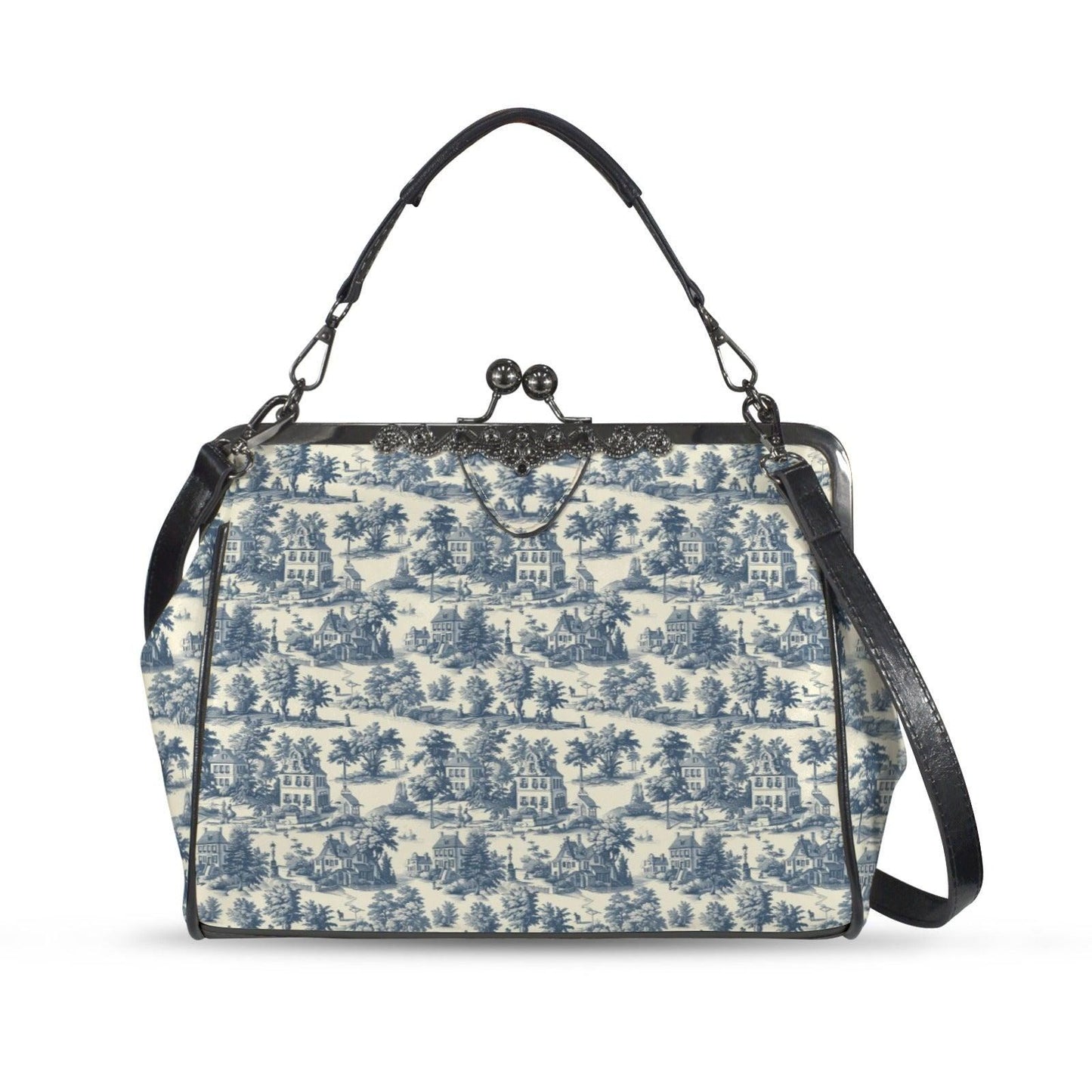 Blue Toile Handbag, Chinoiserie Kiss Lock Purse, French Country Shoulder Bag