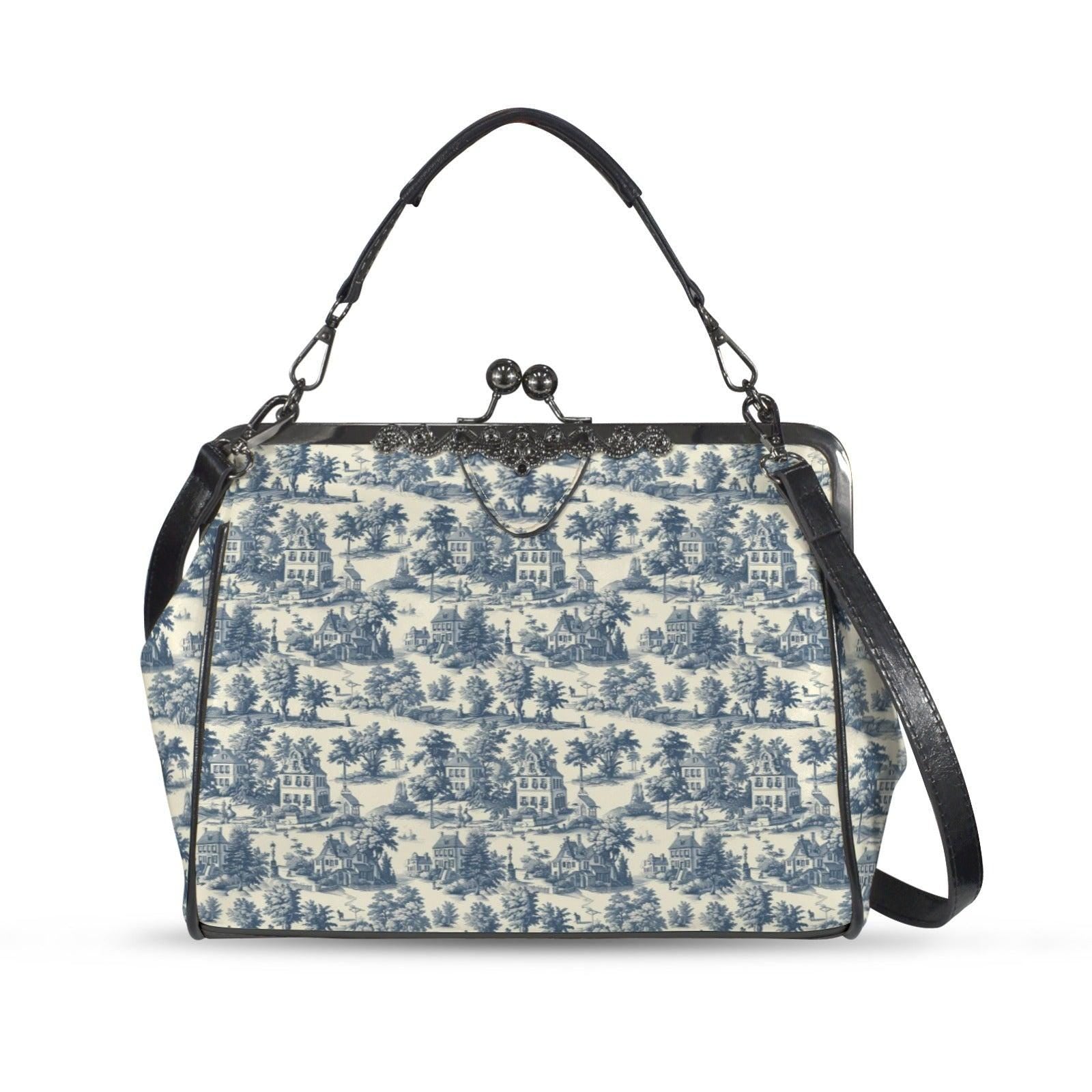Blue Toile Handbag, Chinoiserie Kiss Lock Purse, French Country Shoulder Bag