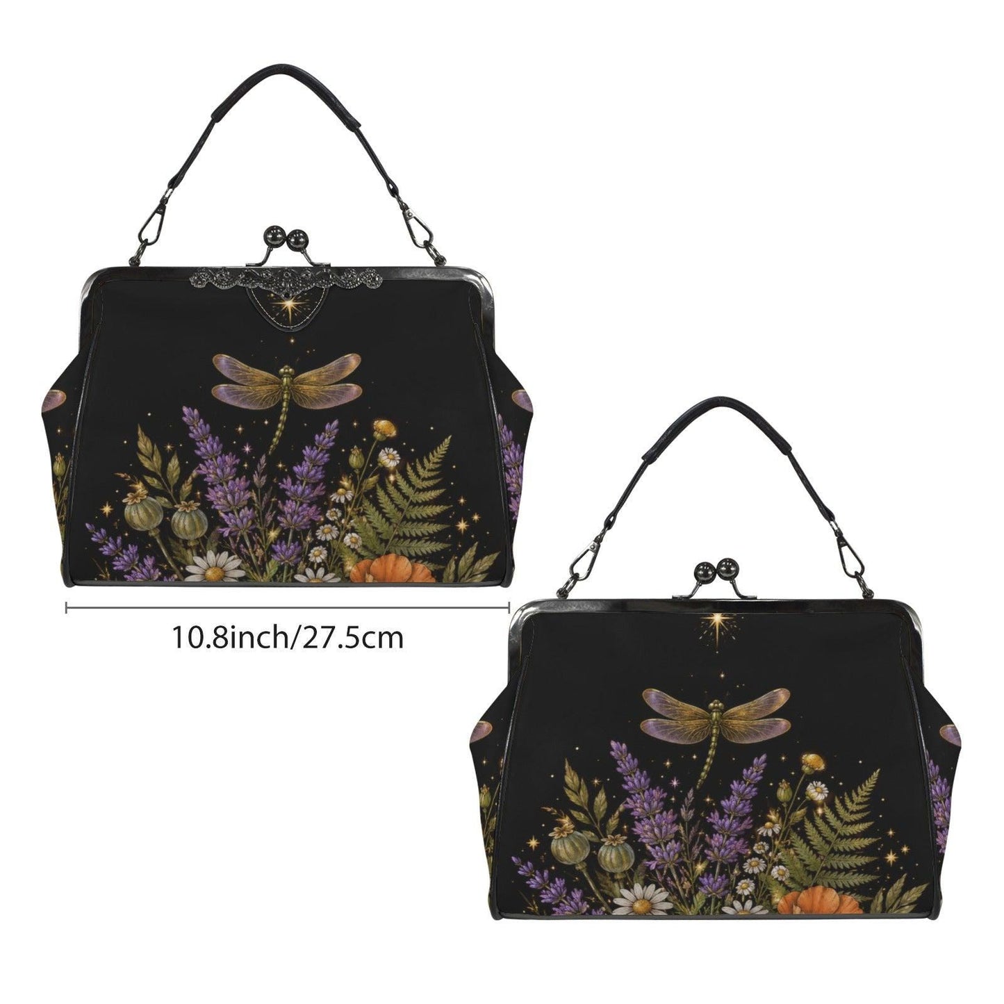 Witchy Dragonfly Kiss Lock Handbag, Botanical Cottagecore Shoulder Bag