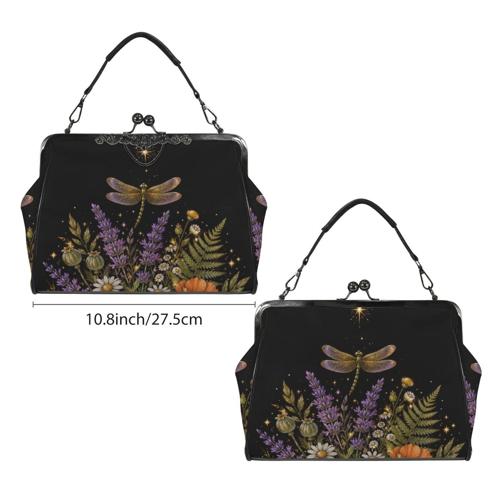 Witchy Dragonfly Kiss Lock Handbag, Botanical Cottagecore Shoulder Bag