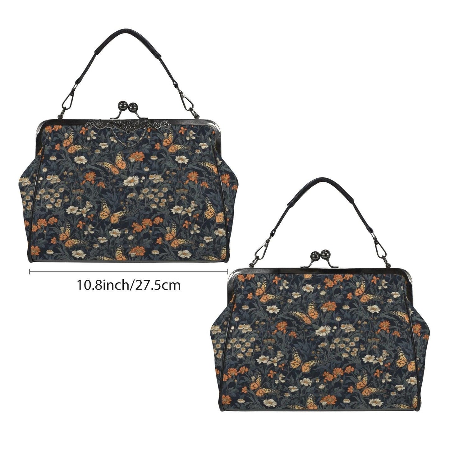 Dark Floral Butterfly Kiss Lock Handbag, Cottagecore Whimsigoth Crossbody Bag