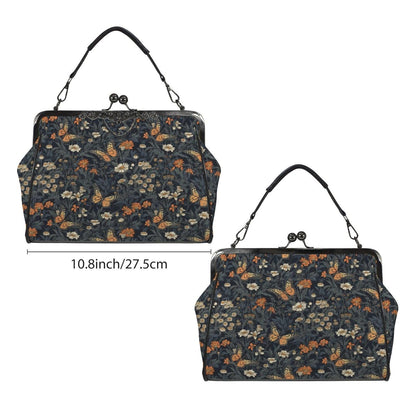 Dark Floral Butterfly Kiss Lock Handbag, Cottagecore Whimsigoth Crossbody Bag