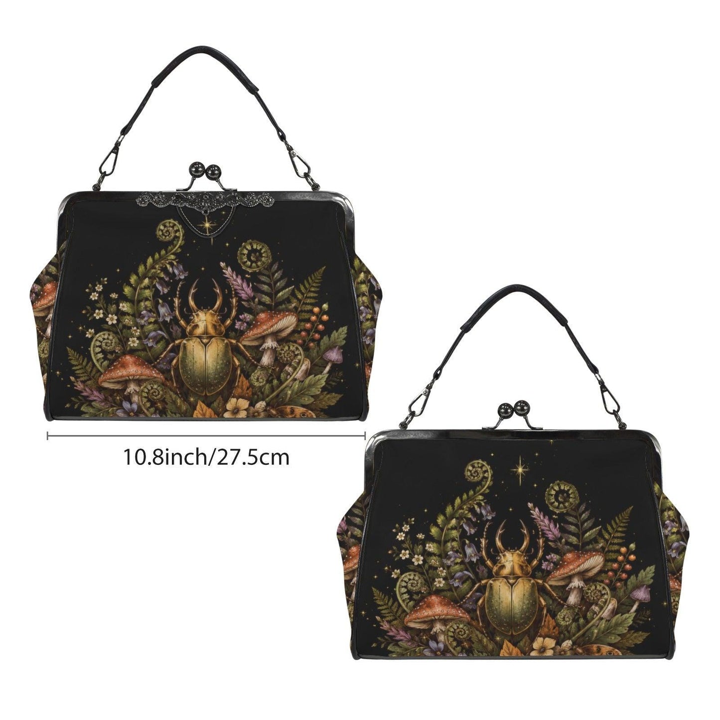 Goblincore Beetle Mushroom Kiss Lock Handbag, Dark Cottagecore Shoulder Bag