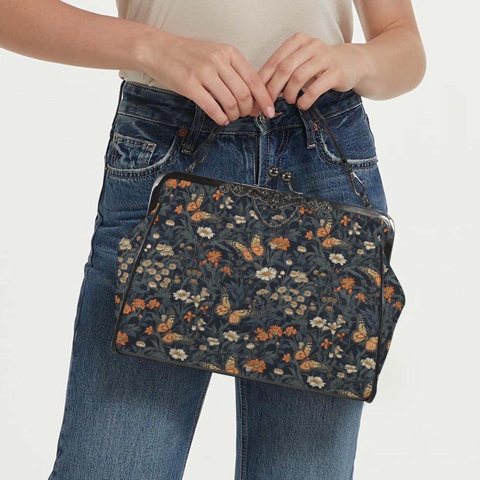 Dark Floral Butterfly Kiss Lock Handbag, Cottagecore Whimsigoth Crossbody Bag