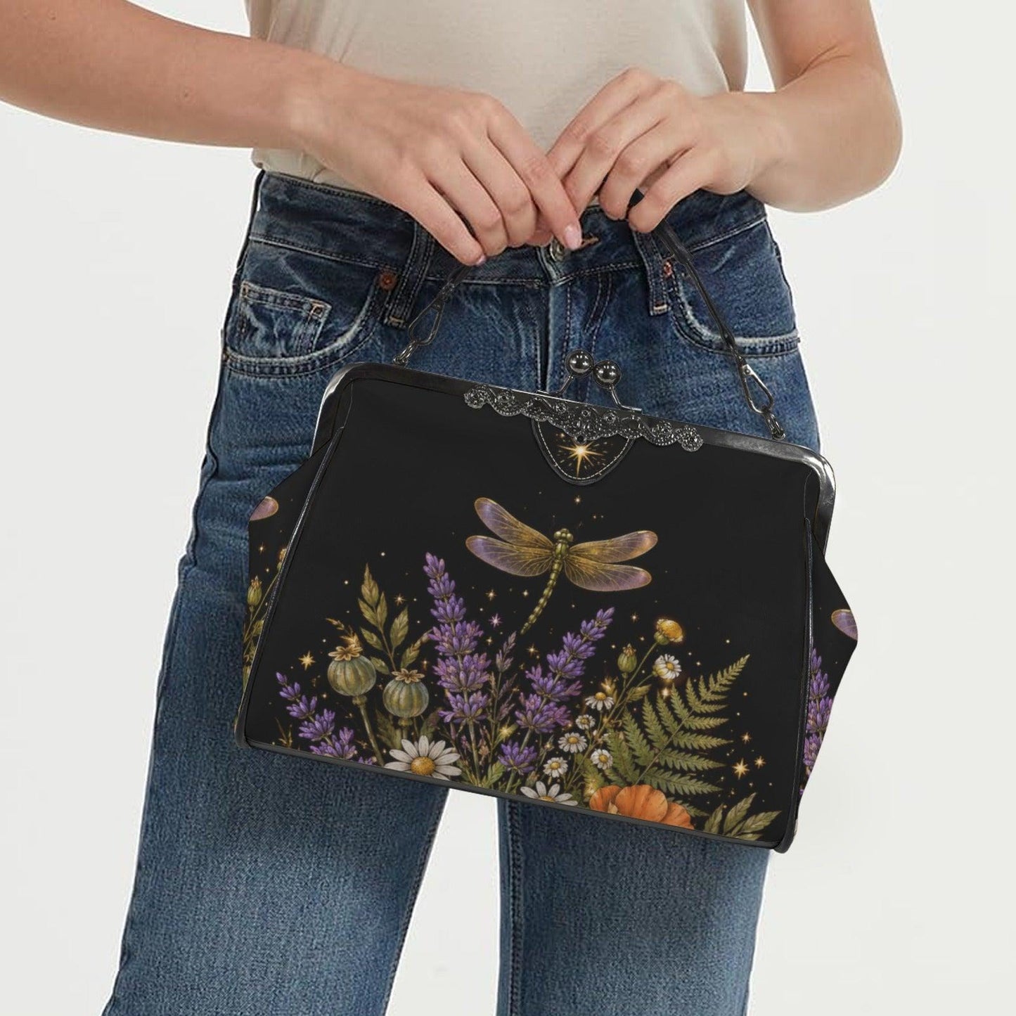 Witchy Dragonfly Kiss Lock Handbag, Botanical Cottagecore Shoulder Bag