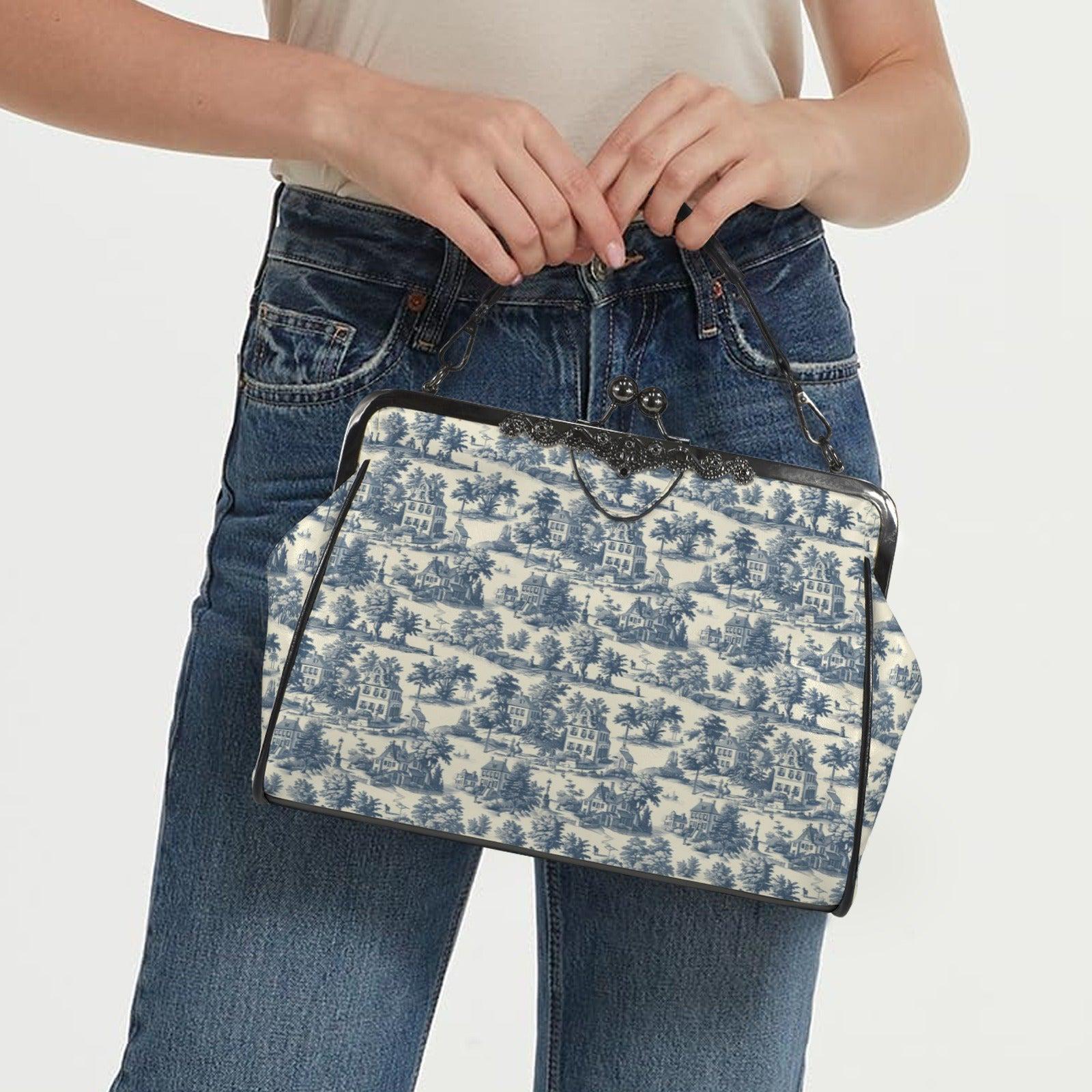 Blue Toile Handbag, Chinoiserie Kiss Lock Purse, French Country Shoulder Bag