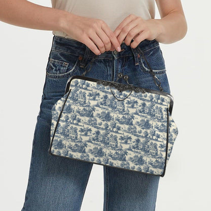 Blue Toile Handbag, Chinoiserie Kiss Lock Purse, French Country Shoulder Bag