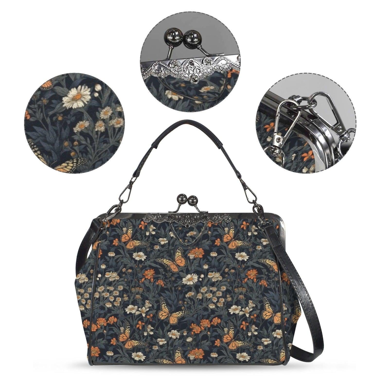 Dark Floral Butterfly Kiss Lock Handbag, Cottagecore Whimsigoth Crossbody Bag