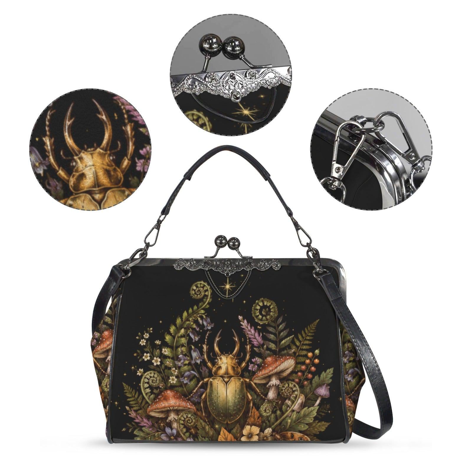 Goblincore Beetle Mushroom Kiss Lock Handbag, Dark Cottagecore Shoulder Bag