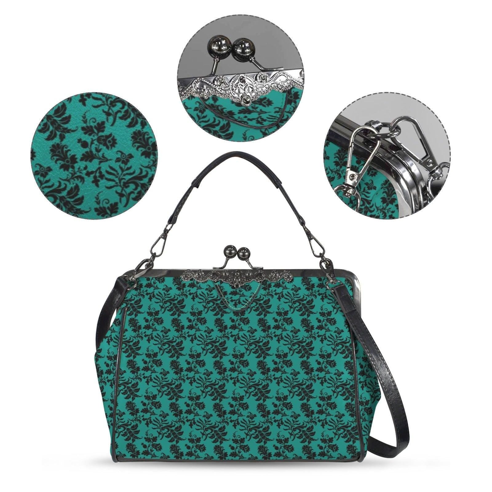 Gothic Teal Damask Kiss Lock Purse, Victorian Frame Handbag, Dark Academia Crossbody Bag