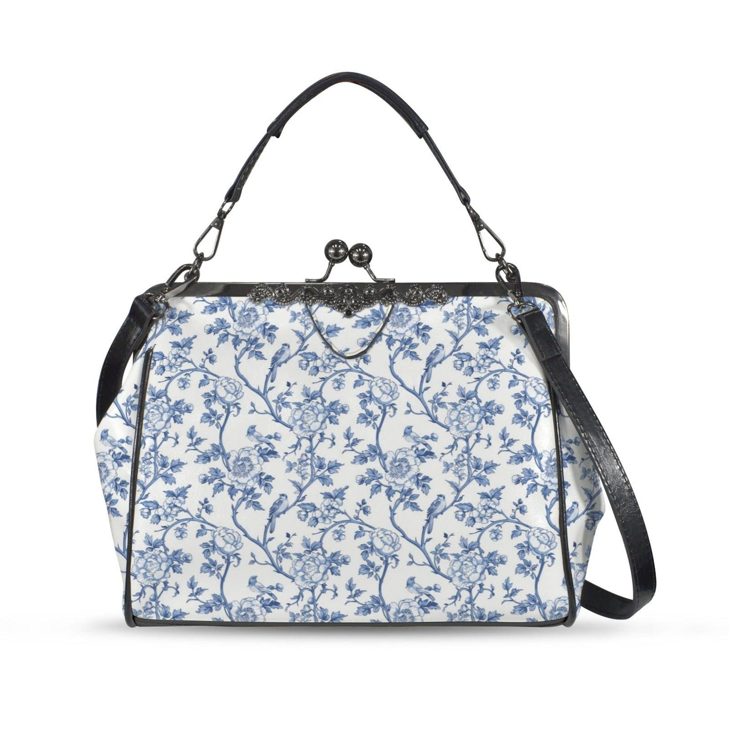 Blue Chinoiserie Floral Kiss-Lock PU Leather Crossbody Bag