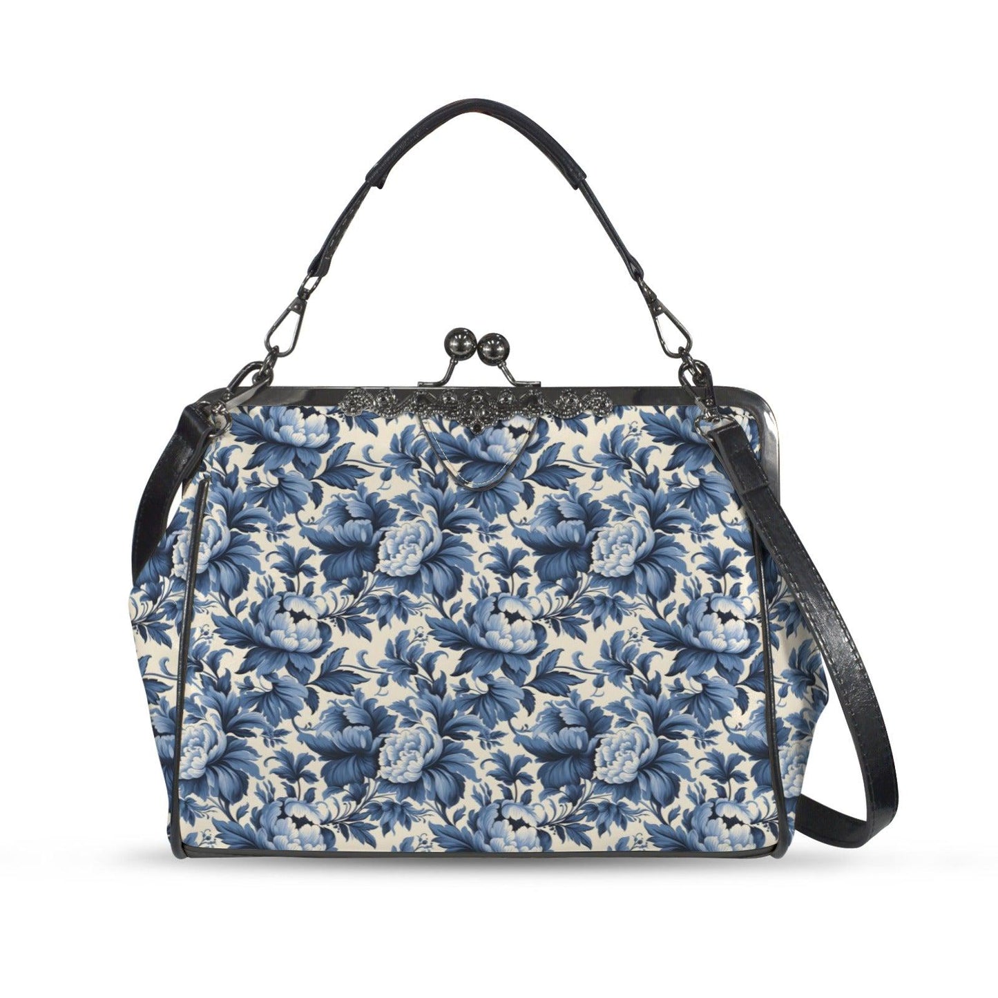 Blue Peony Chinoiserie Kiss-Lock PU Leather Crossbody Bag
