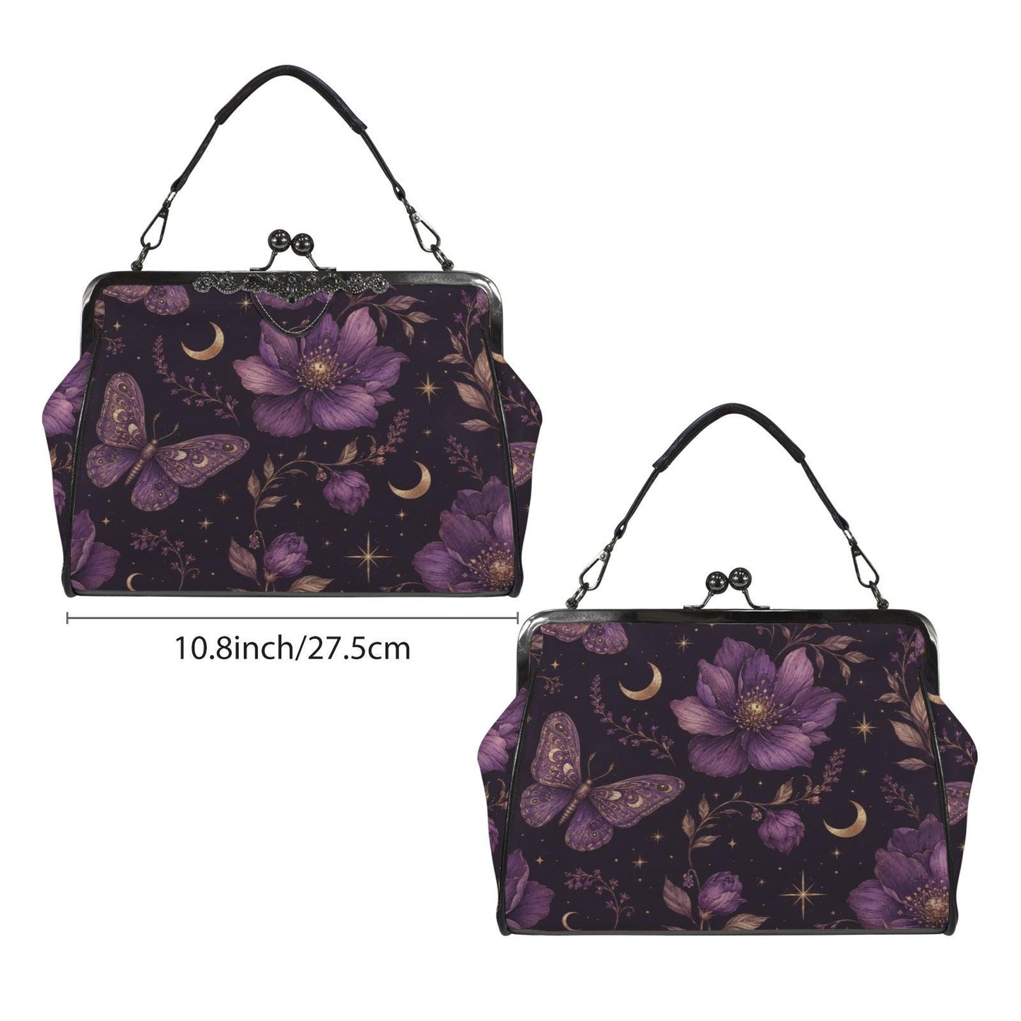 Whimsigoth Purple Moth Moon Floral Kiss Lock Handbag, Celestial Crossbody Bag