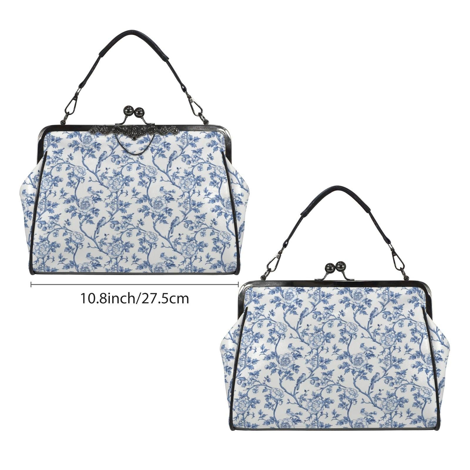 Blue Chinoiserie Floral Kiss-Lock PU Leather Crossbody Bag