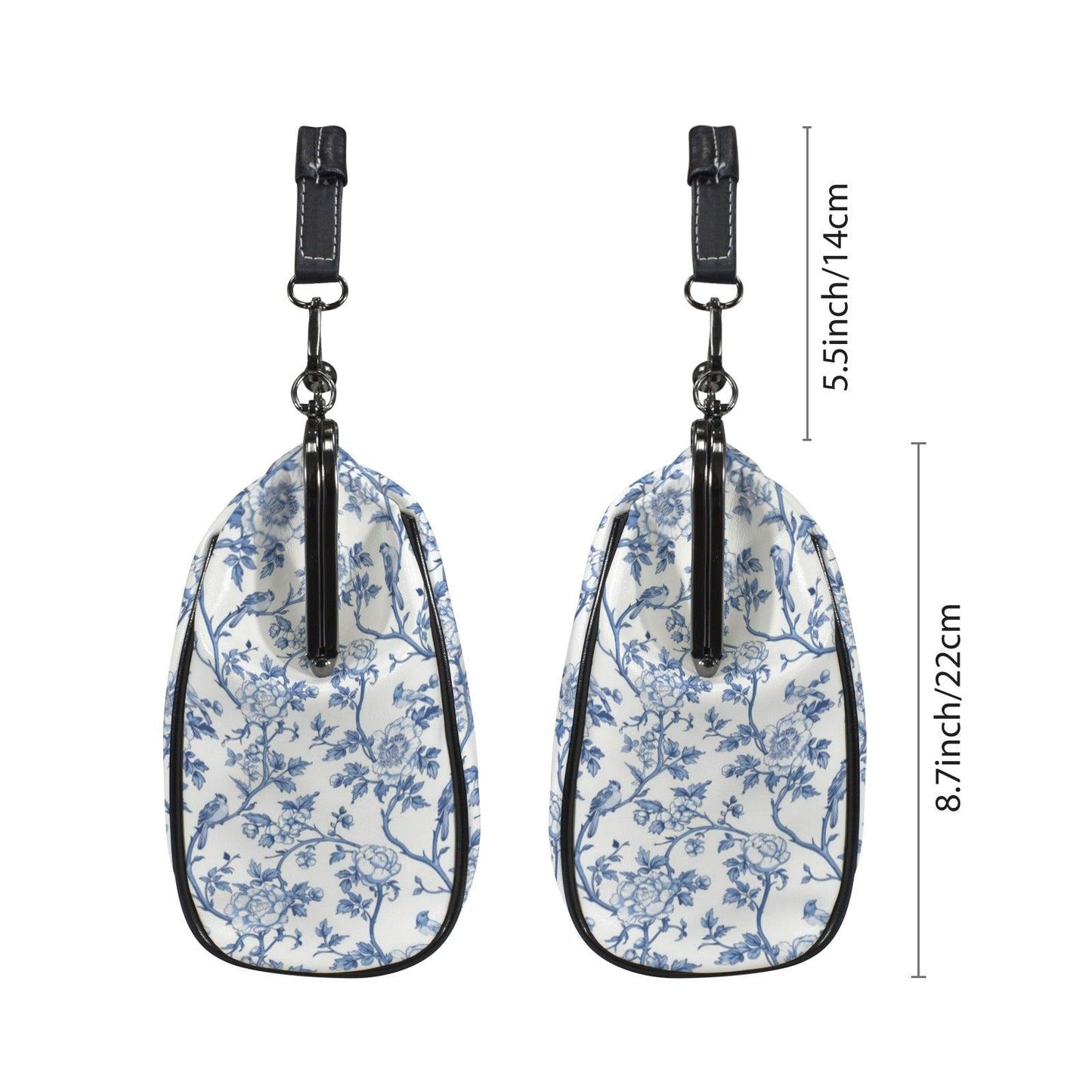 Blue Chinoiserie Floral Kiss-Lock PU Leather Crossbody Bag