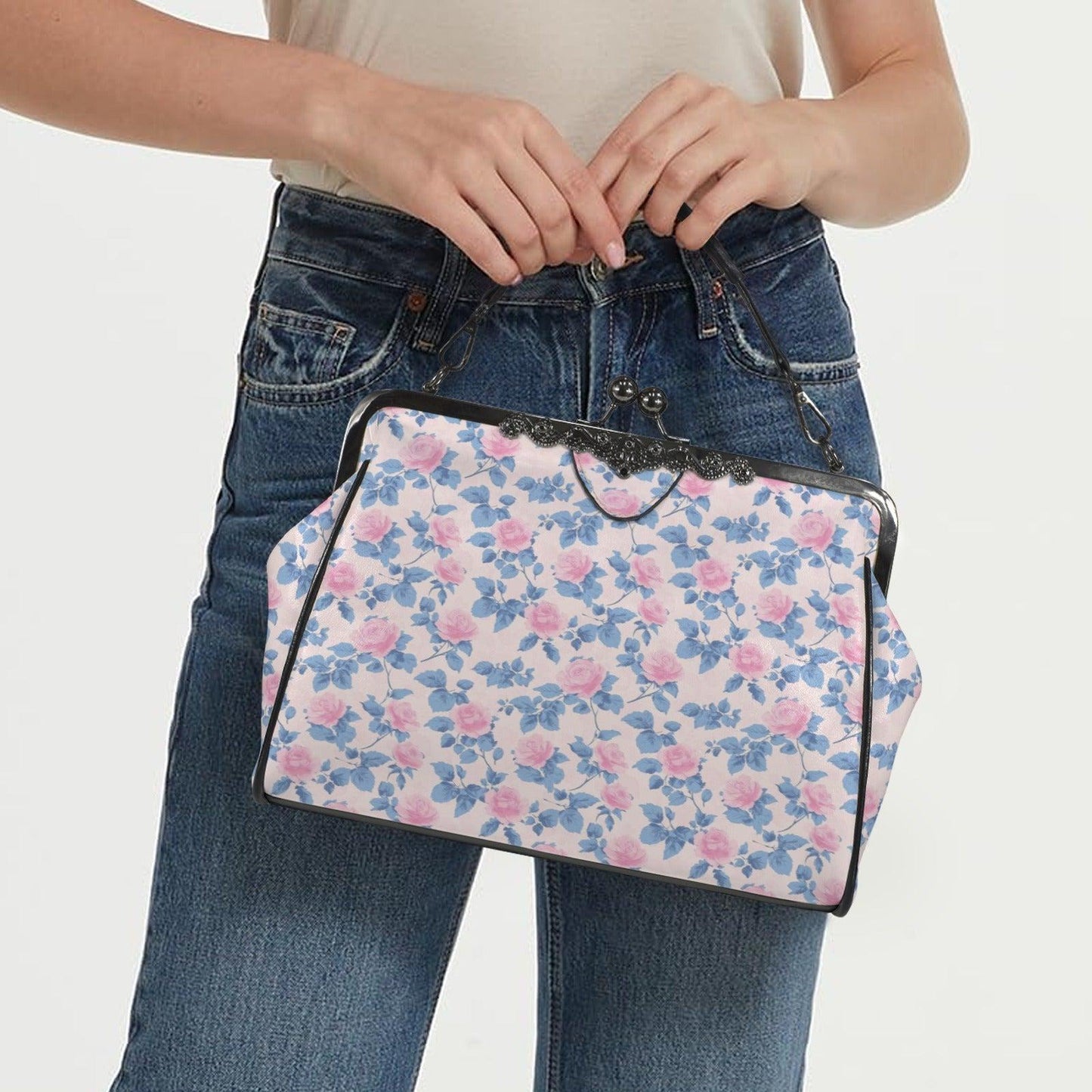 Pink Floral Kiss Lock Crossbody Bag, Blue Rose Cottagecore Handbag
