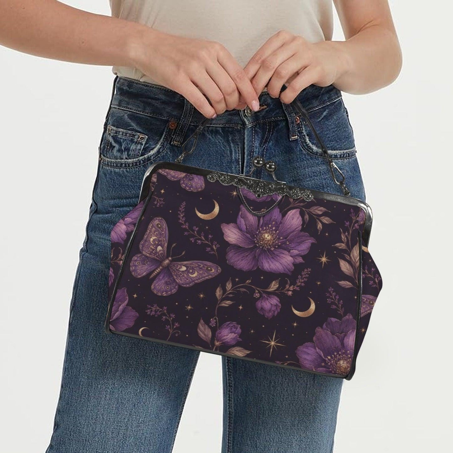 Whimsigoth Purple Moth Moon Floral Kiss Lock Handbag, Celestial Crossbody Bag