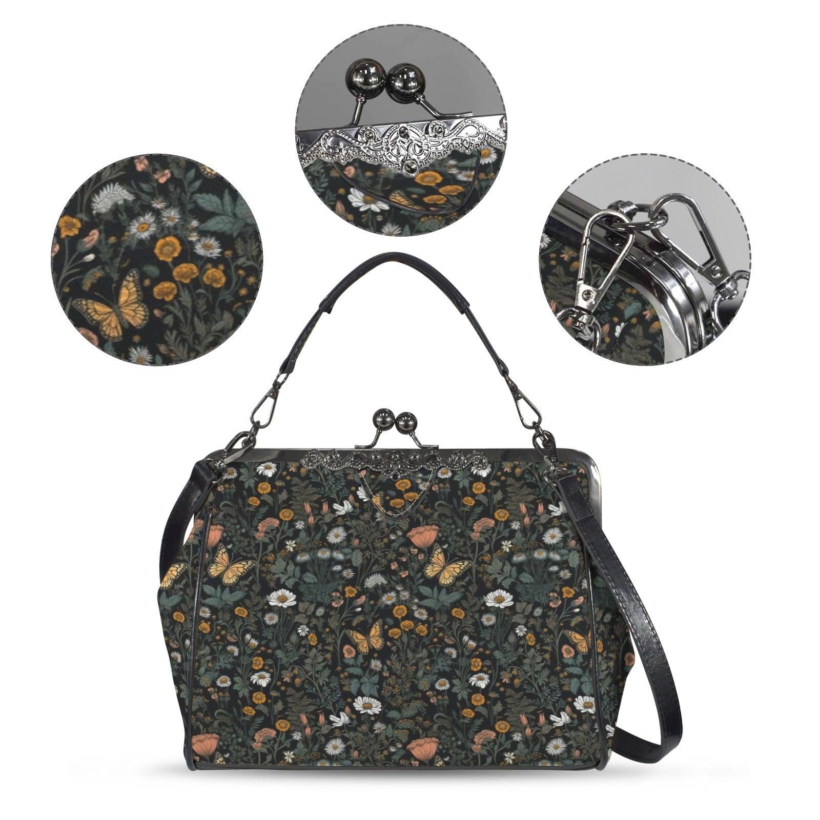 Dark Wildflower Butterfly Kiss-Lock PU Leather Crossbody Bag