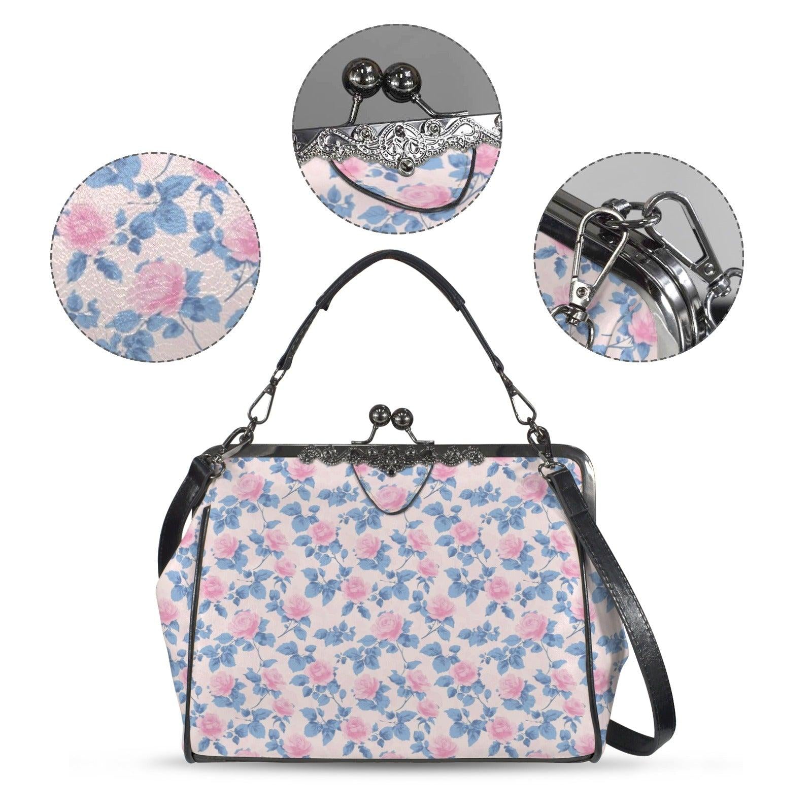 Pink Floral Kiss Lock Crossbody Bag, Blue Rose Cottagecore Handbag