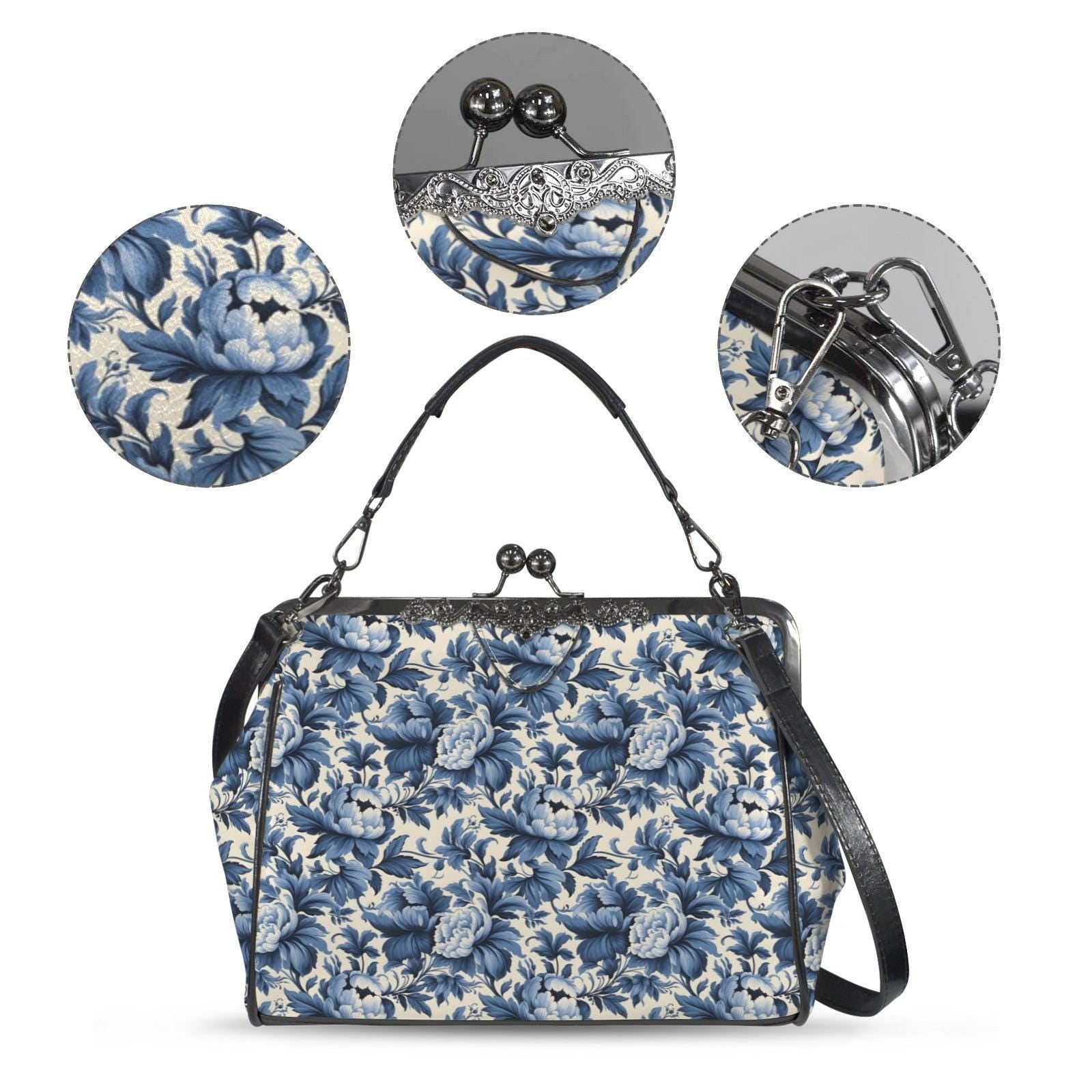 Blue Peony Chinoiserie Kiss-Lock PU Leather Crossbody Bag