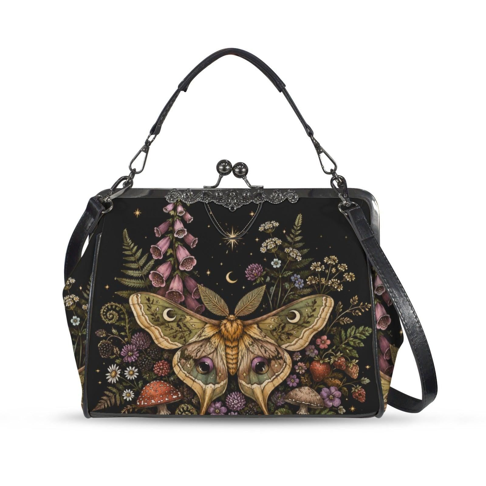 Luna Moth Kiss Lock Handbag, Dark Cottagecore Floral Print Crossbody Bag