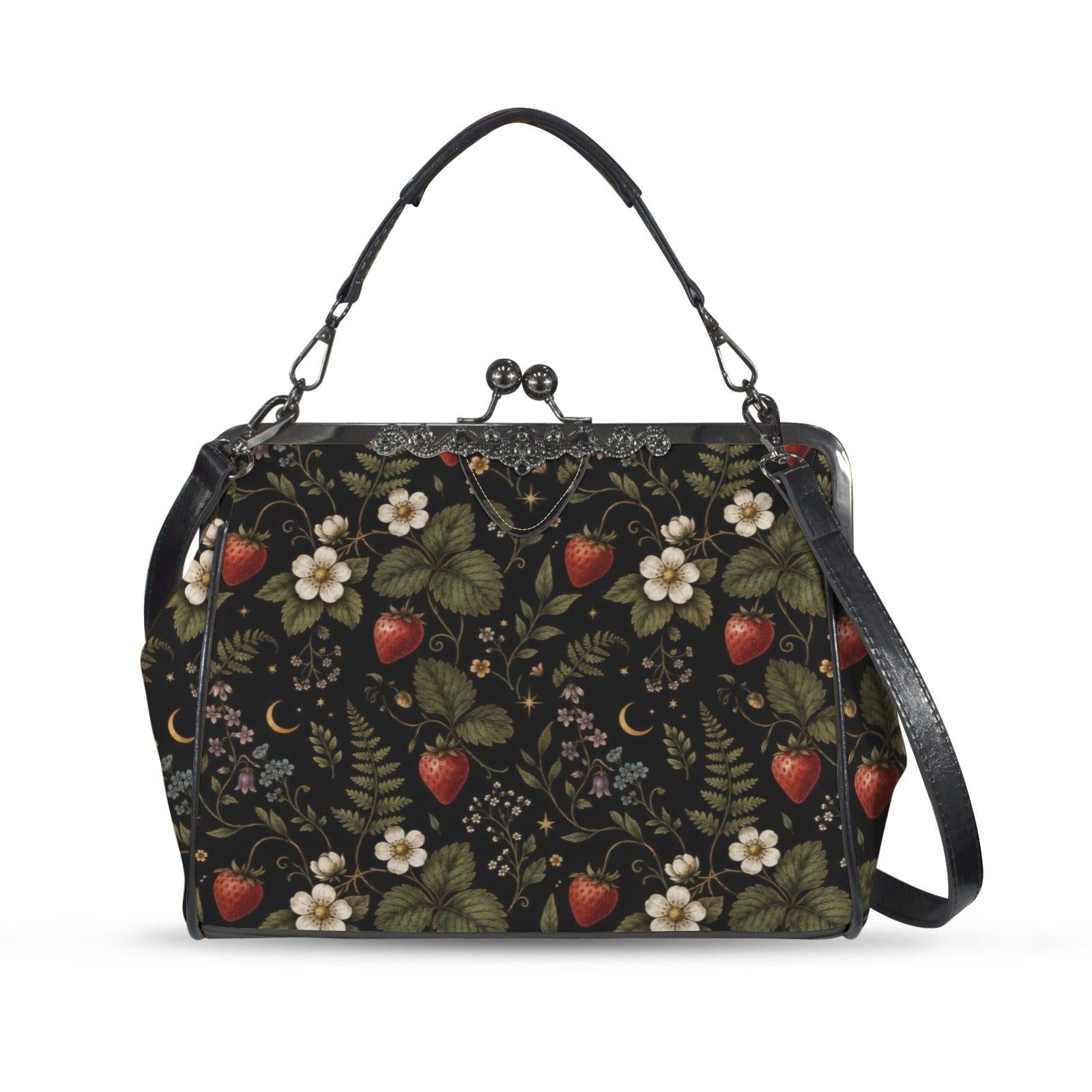 Dark Botanical Strawberry Kiss Lock Bag, Cottagecore Berry Print Crossbody Purse