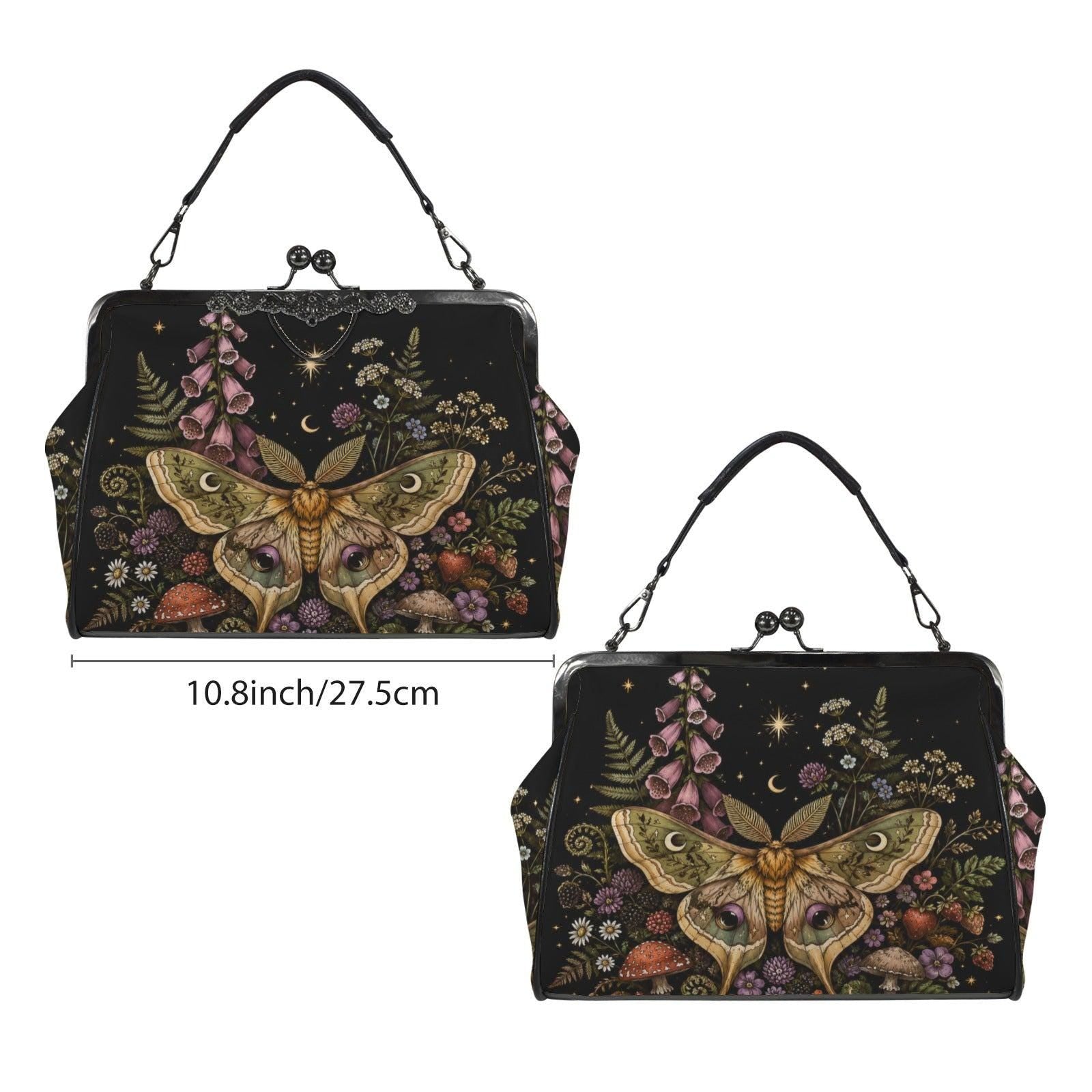 Luna Moth Kiss Lock Handbag, Dark Cottagecore Floral Print Crossbody Bag