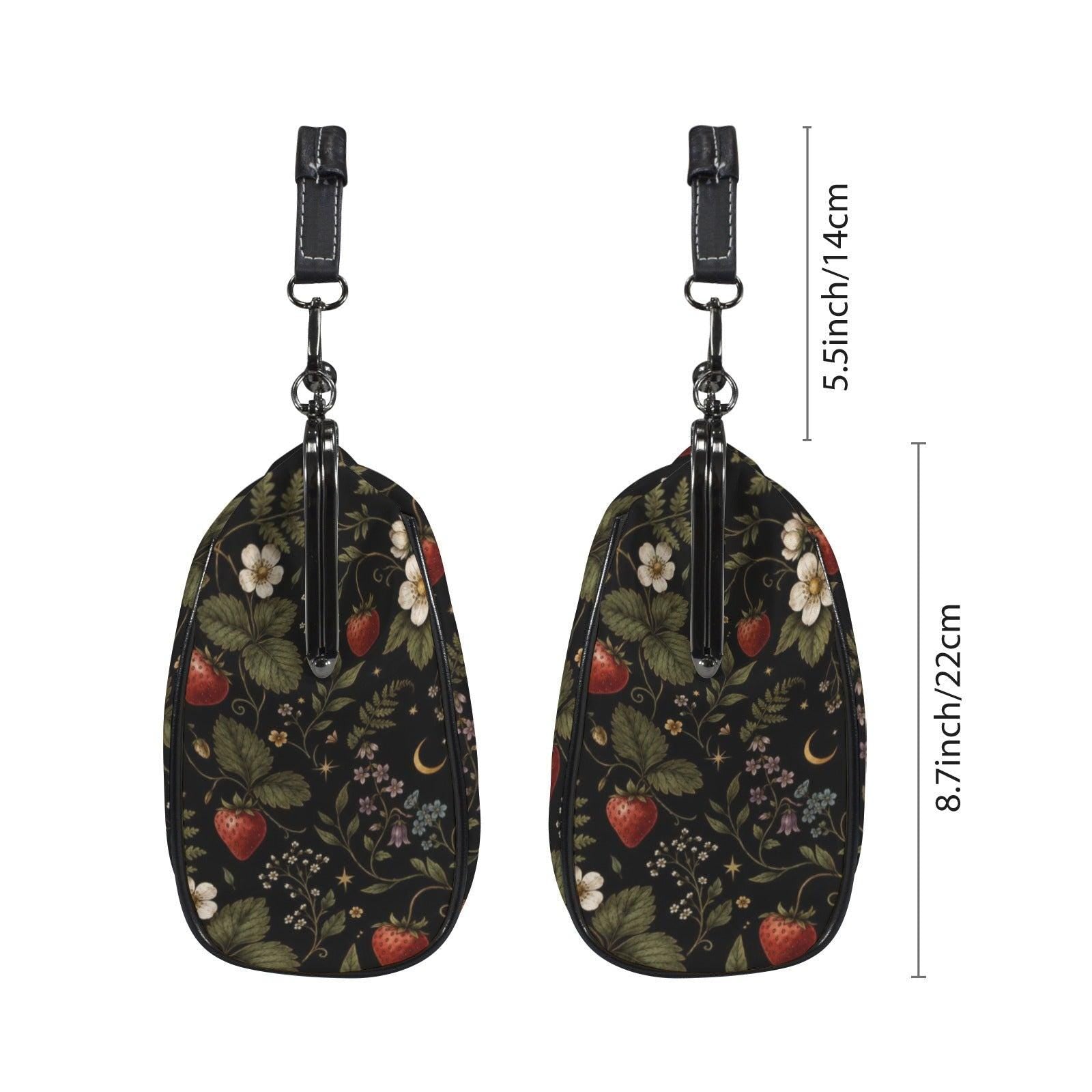 Dark Botanical Strawberry Kiss Lock Bag, Cottagecore Berry Print Crossbody Purse