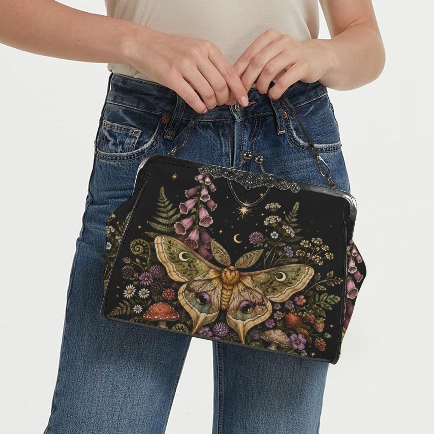 Luna Moth Kiss Lock Handbag, Dark Cottagecore Floral Print Crossbody Bag