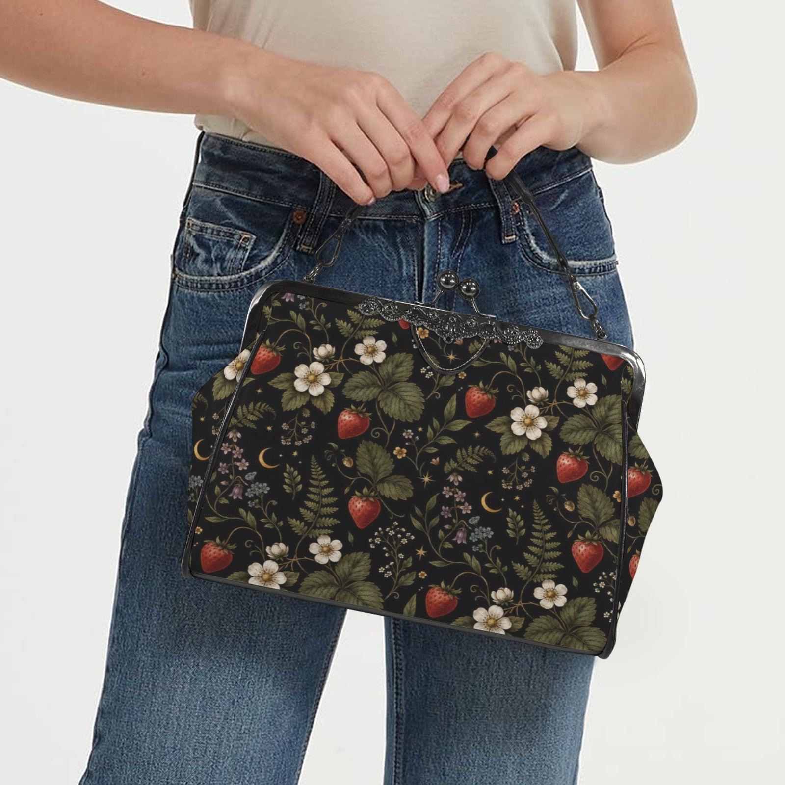 Dark Botanical Strawberry Kiss Lock Bag, Cottagecore Berry Print Crossbody Purse