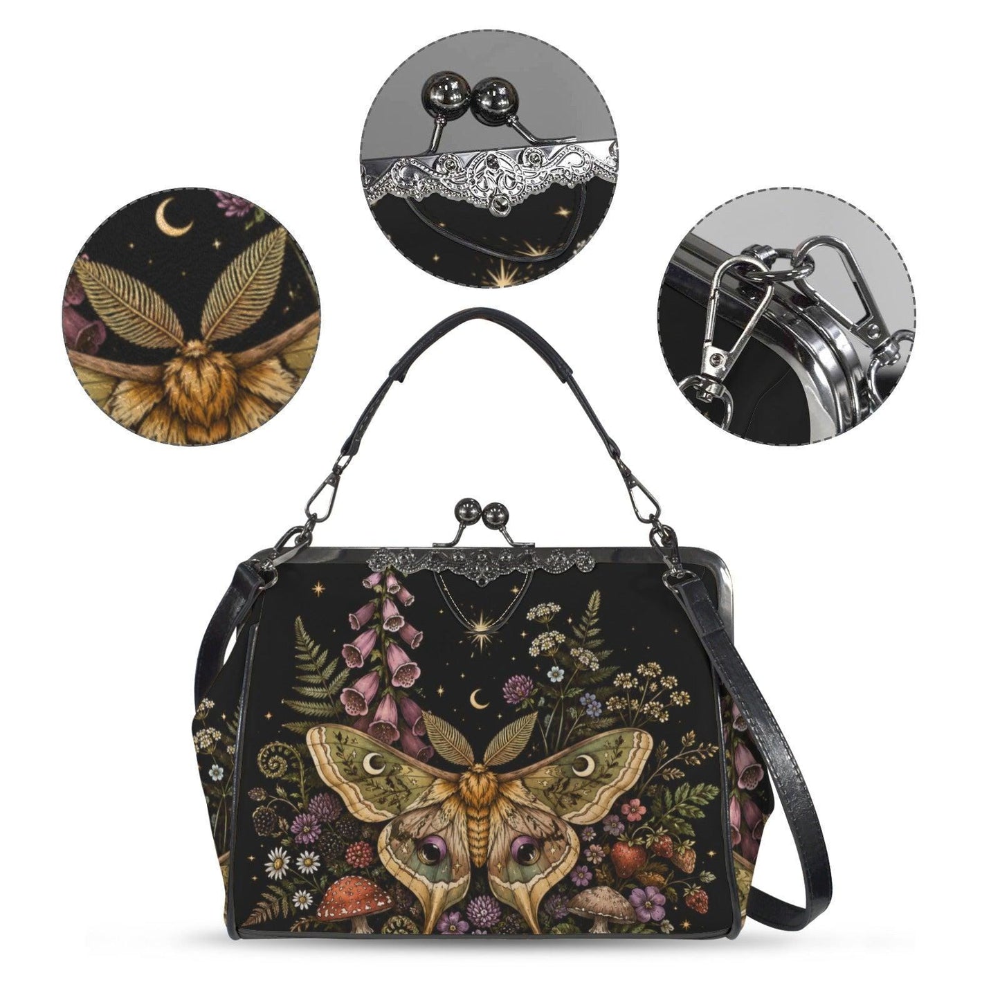 Luna Moth Kiss Lock Handbag, Dark Cottagecore Floral Print Crossbody Bag