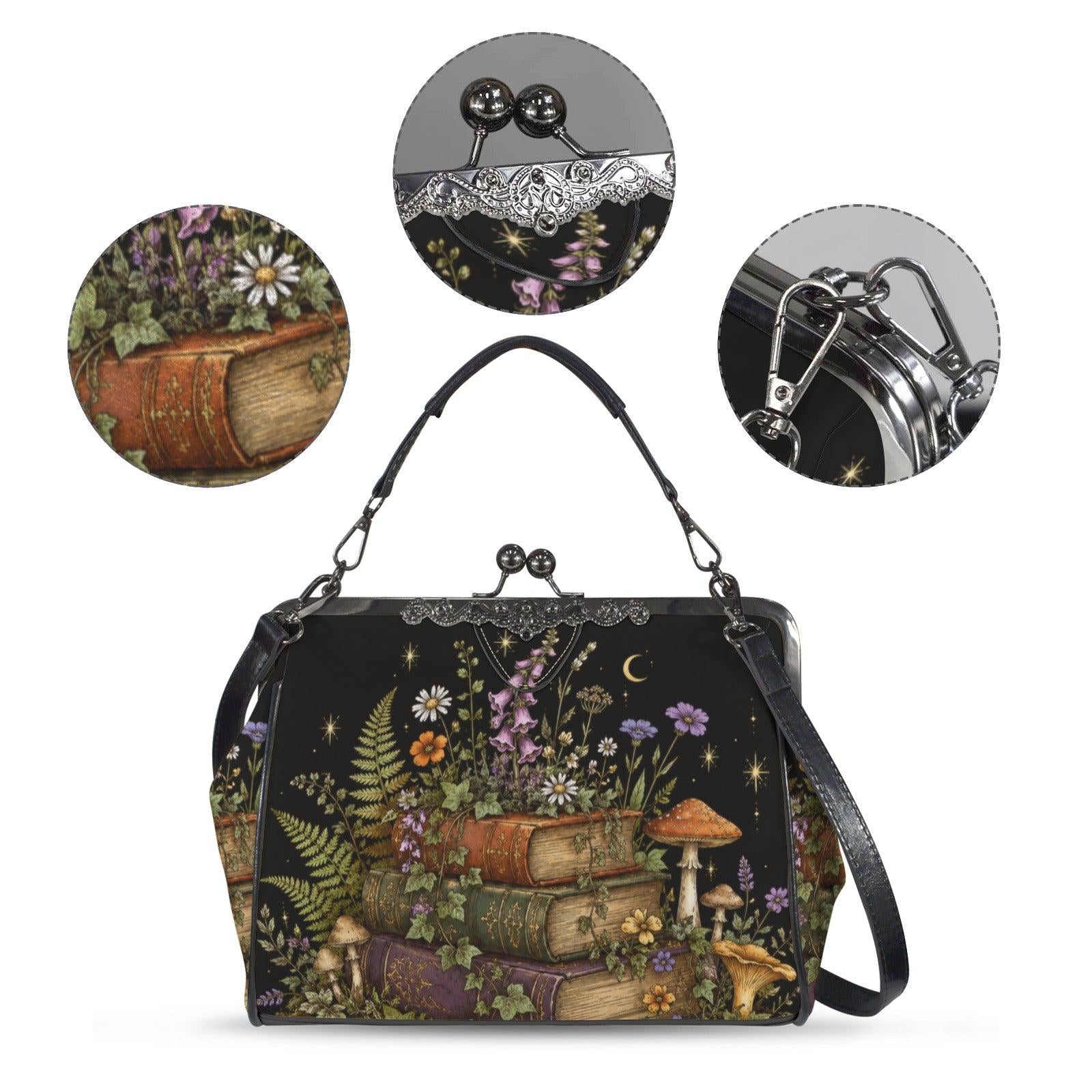 Dark Academia Stacked Books Crossbody Bag, Cottagecore Moon Stars Kiss Lock Purse