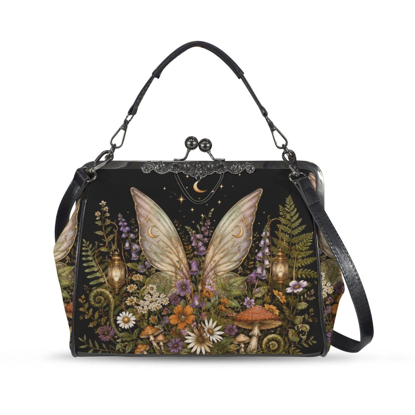 Fairycore Kiss Lock Bag, Whimsigoth Butterfly Wings, Moon Wildflower Handbag