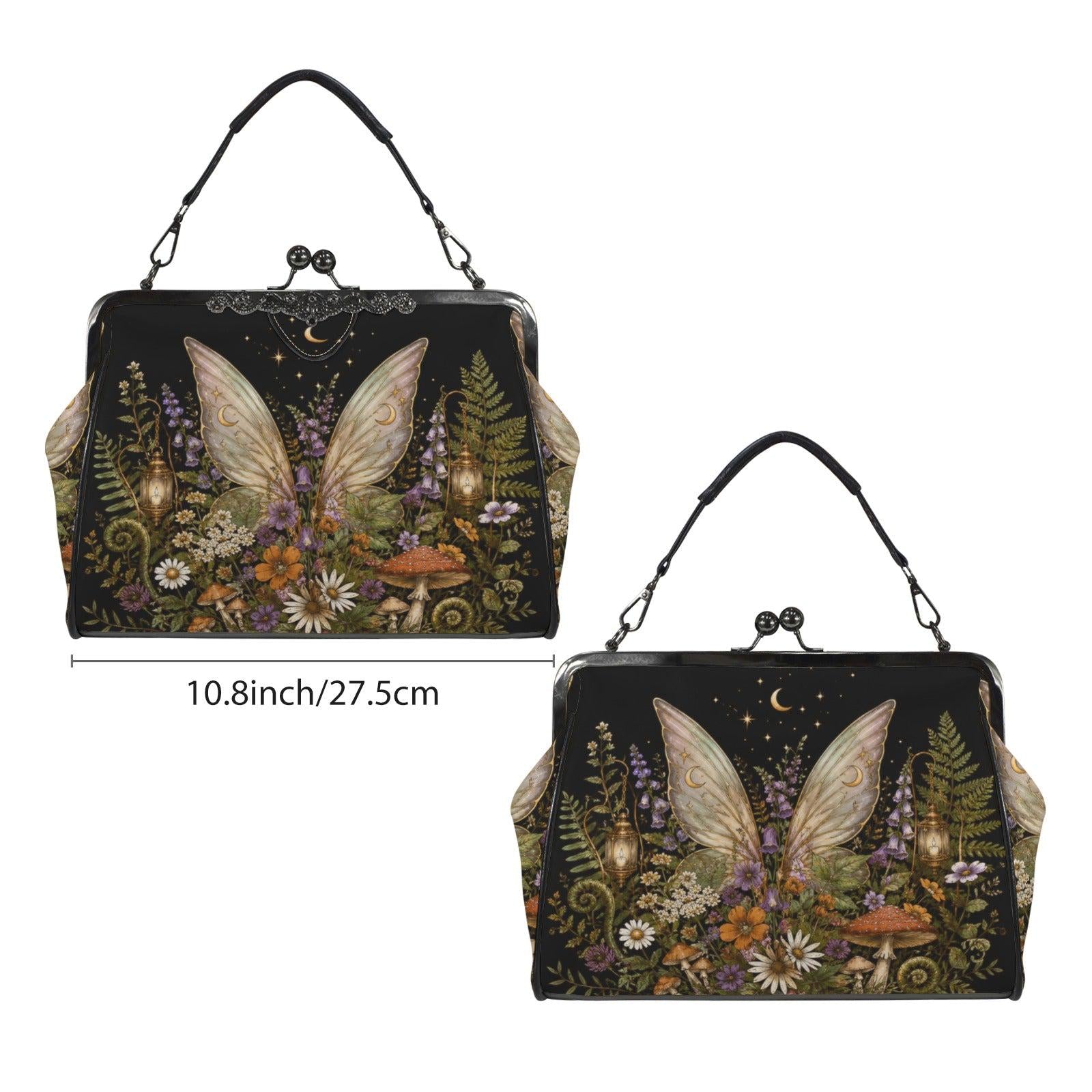 Fairycore Kiss Lock Bag, Whimsigoth Butterfly Wings, Moon Wildflower Handbag