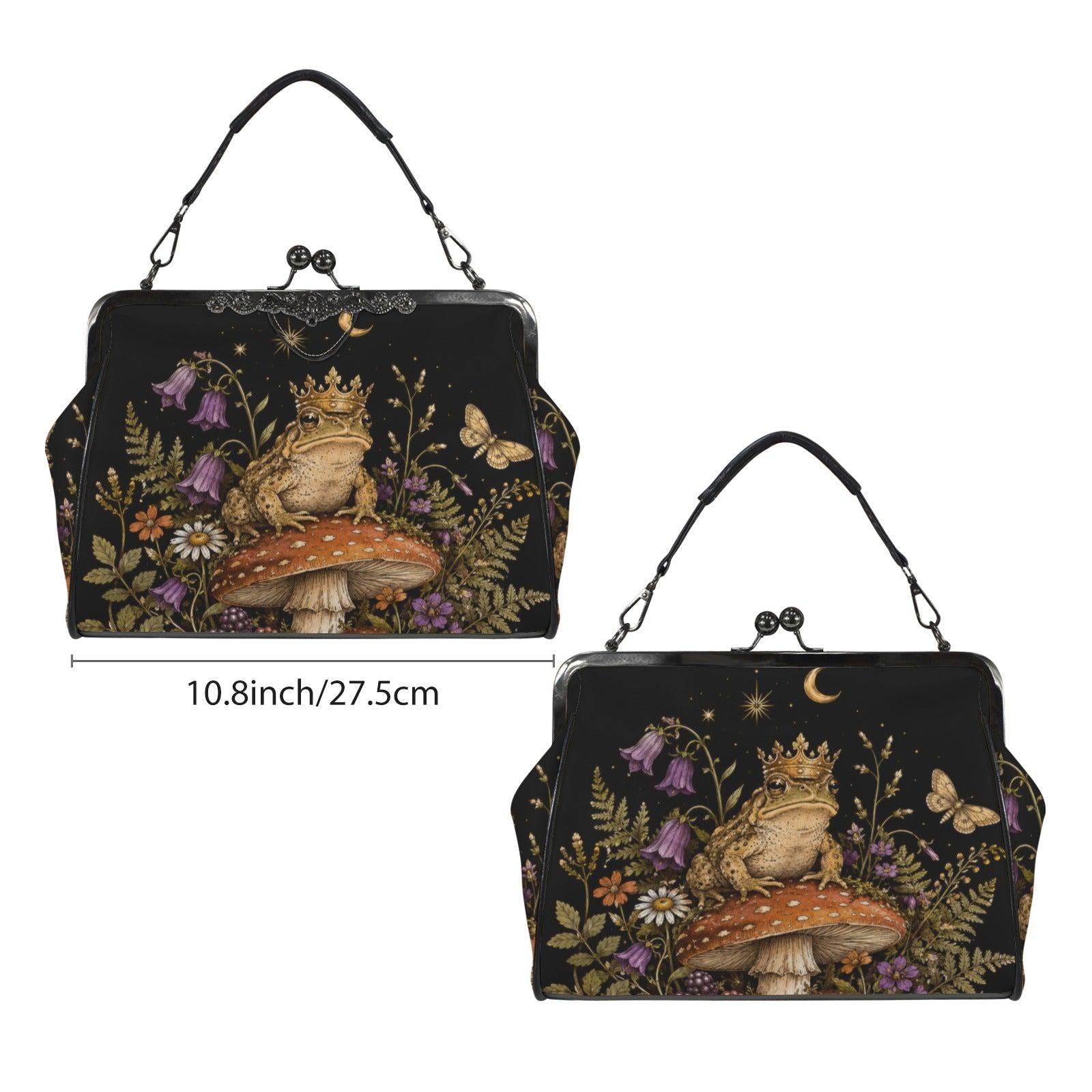 Frog King and Mushroom Print Kiss Lock Handbag with Crossbody Strap